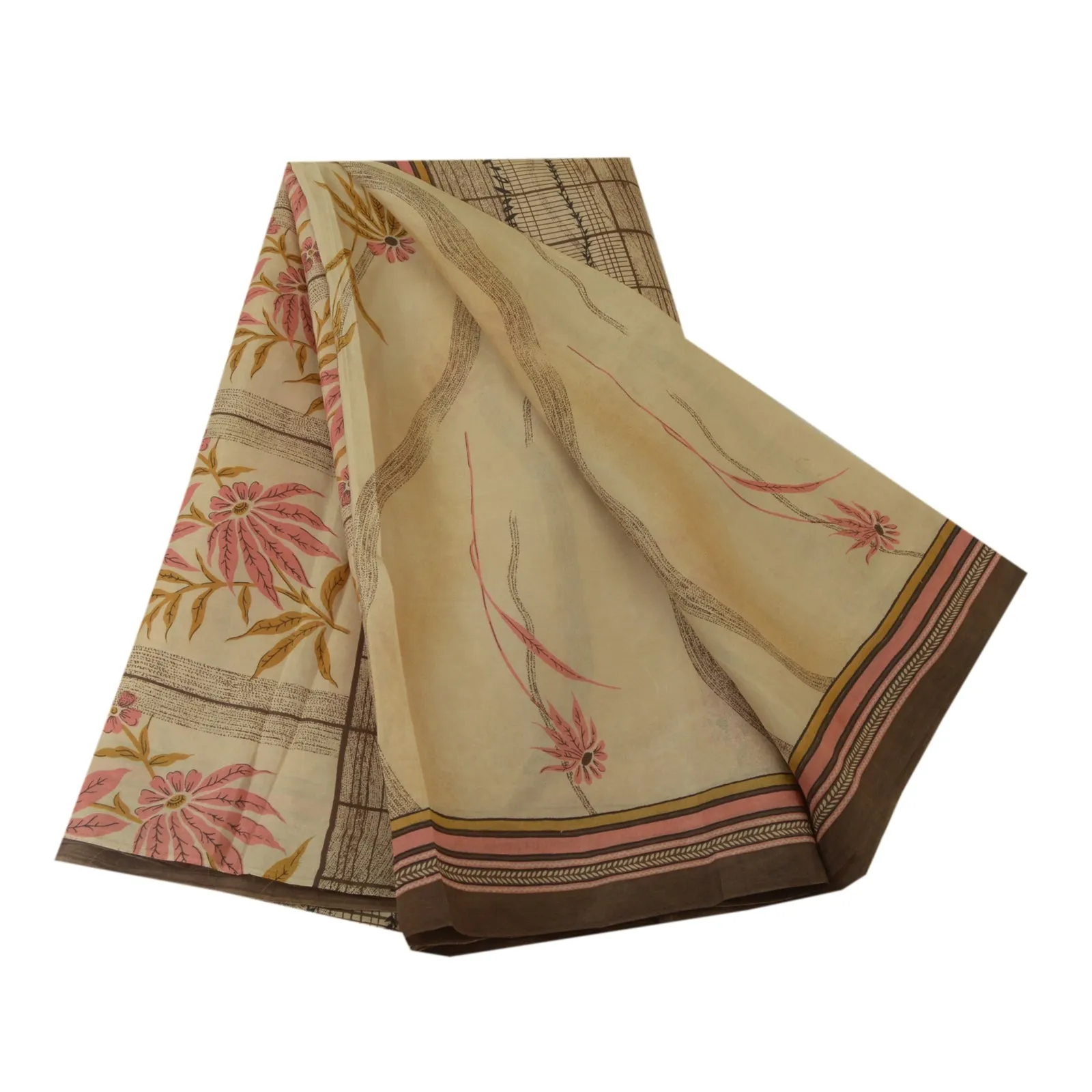 Sanskriti Vintage Sarees Indian Cream Pure Silk Printed Sari Floral Craft Fabric