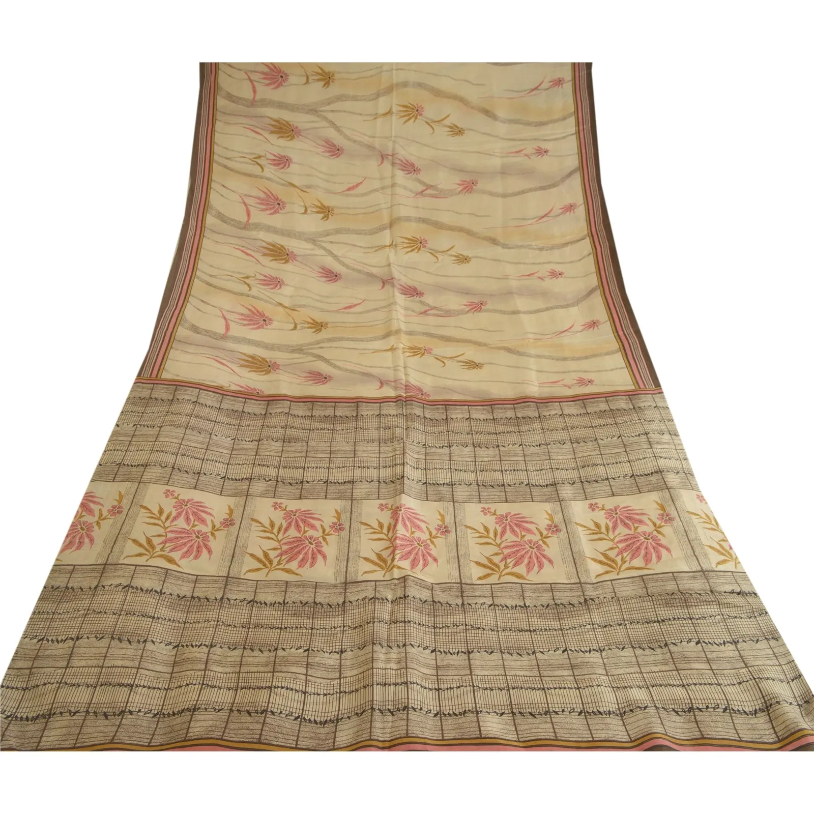 Sanskriti Vintage Sarees Indian Cream Pure Silk Printed Sari Floral Craft Fabric