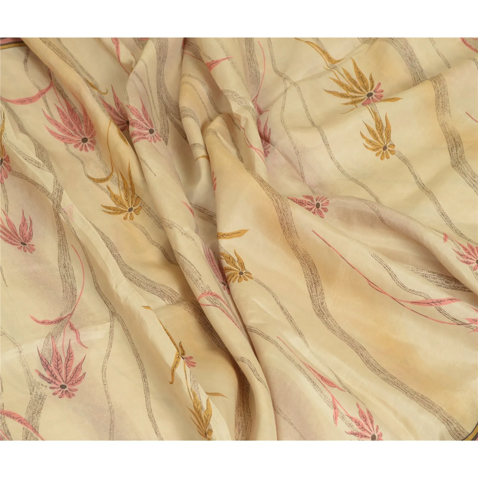 Sanskriti Vintage Sarees Indian Cream Pure Silk Printed Sari Floral Craft Fabric