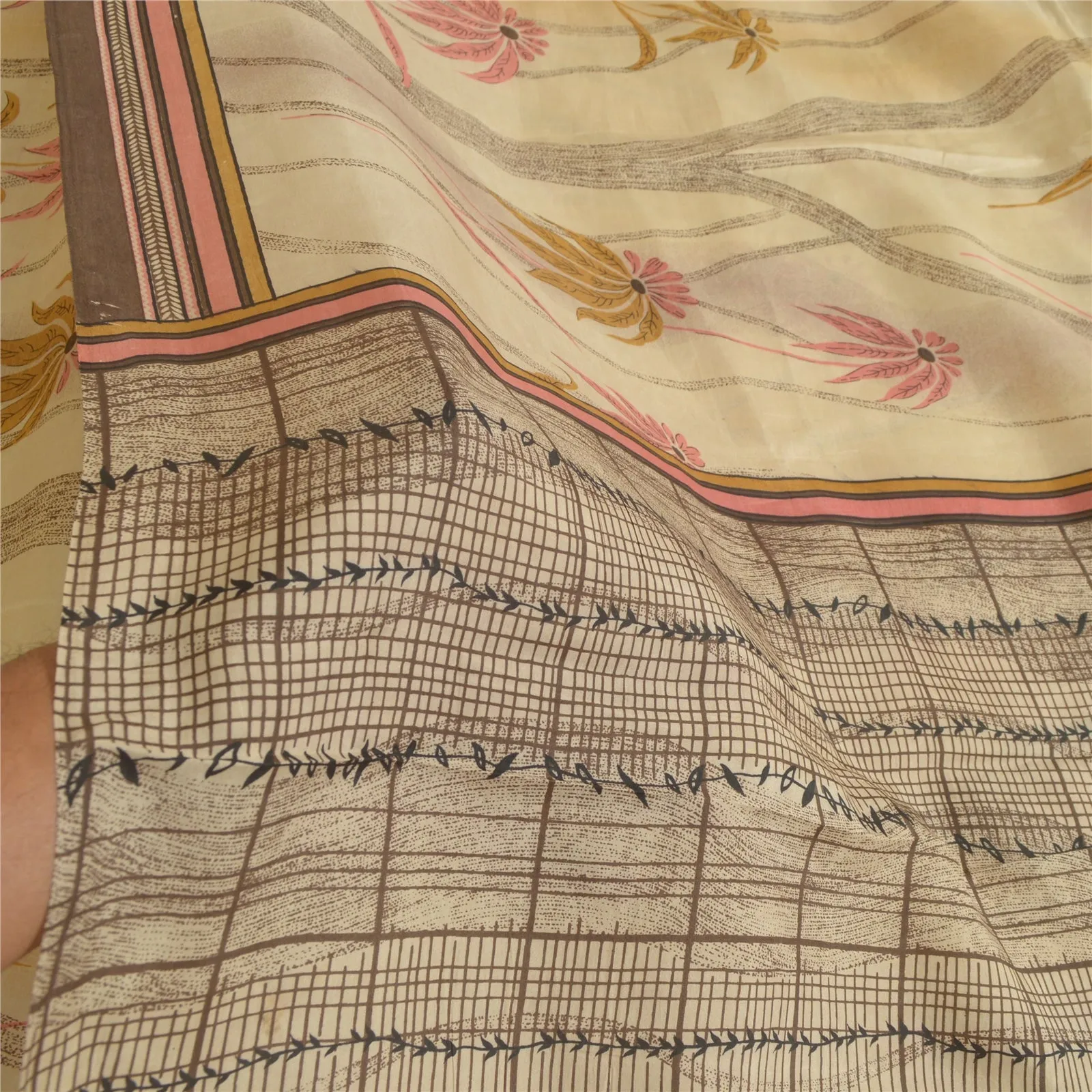 Sanskriti Vintage Sarees Indian Cream Pure Silk Printed Sari Floral Craft Fabric