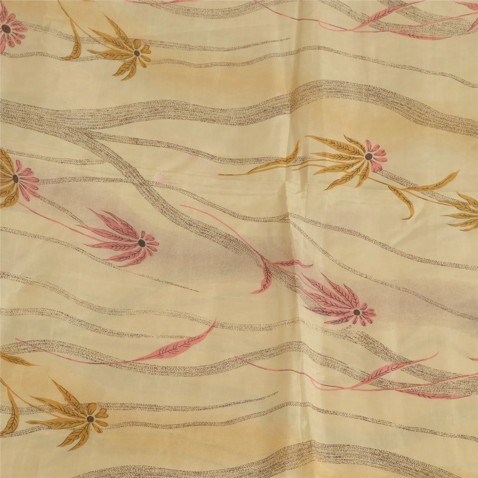 Sanskriti Vintage Sarees Indian Cream Pure Silk Printed Sari Floral Craft Fabric