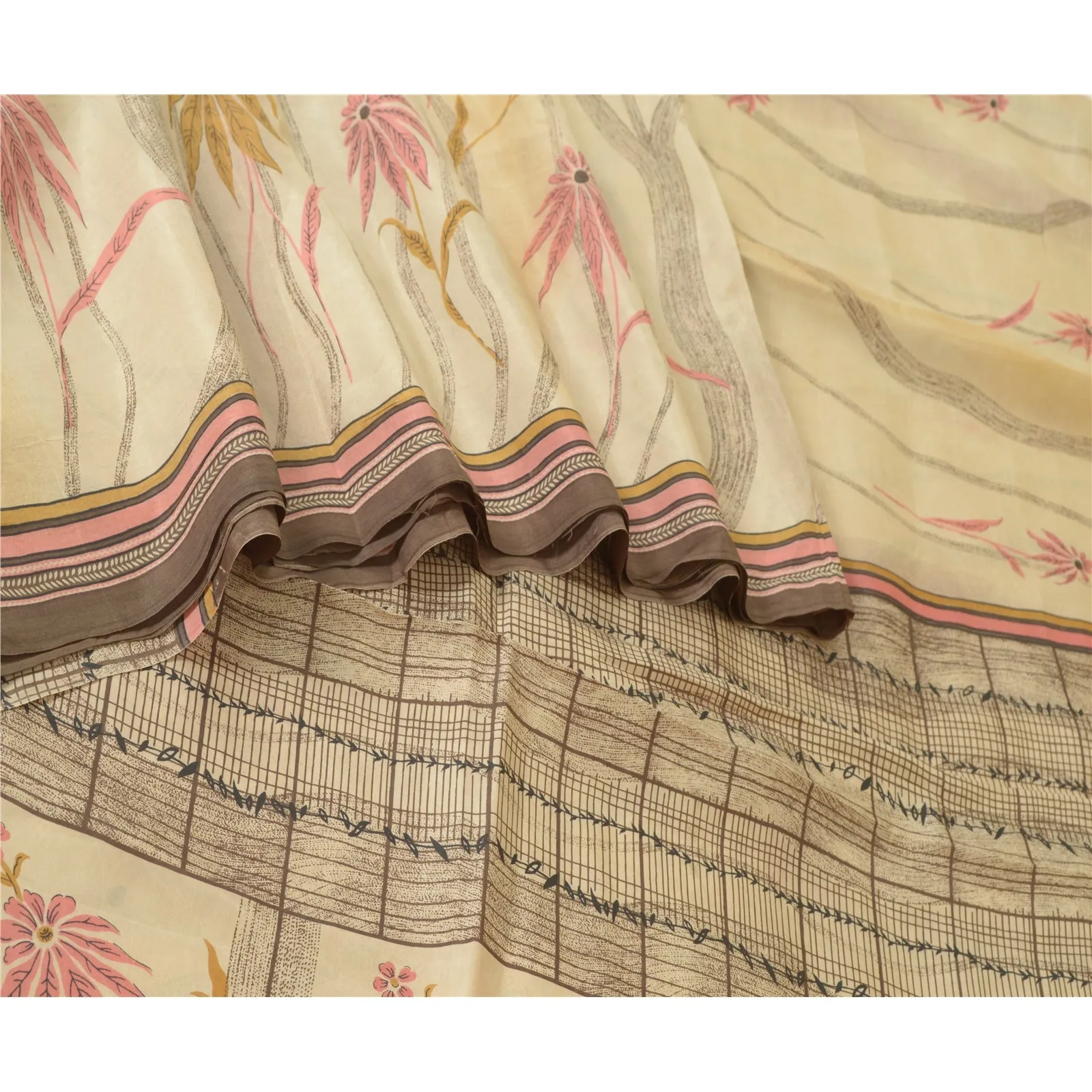 Sanskriti Vintage Sarees Indian Cream Pure Silk Printed Sari Floral Craft Fabric