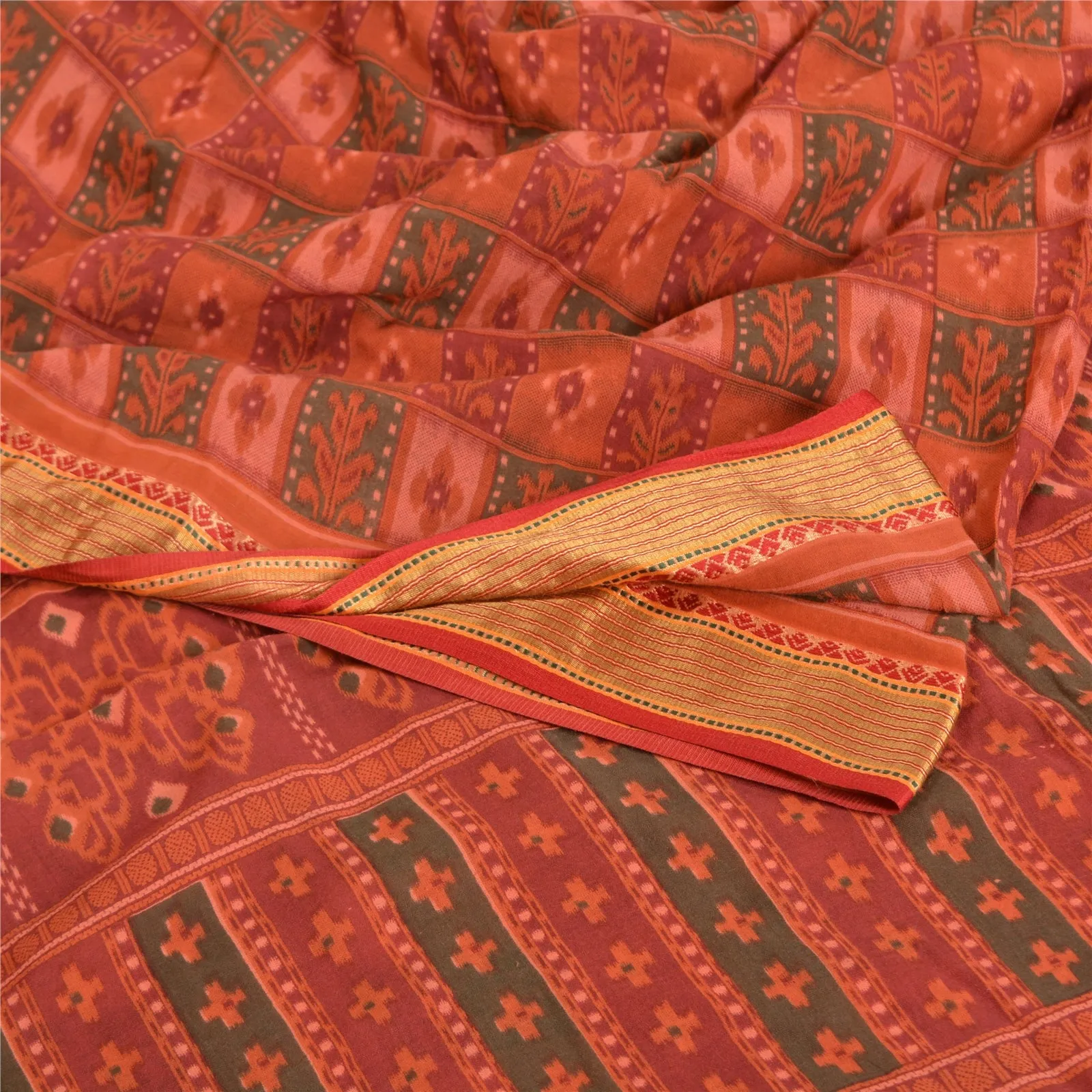 Sanskriti Vintage Sarees Indian Dusty Red Ikat Printed Pure Cotton Sari Fabric