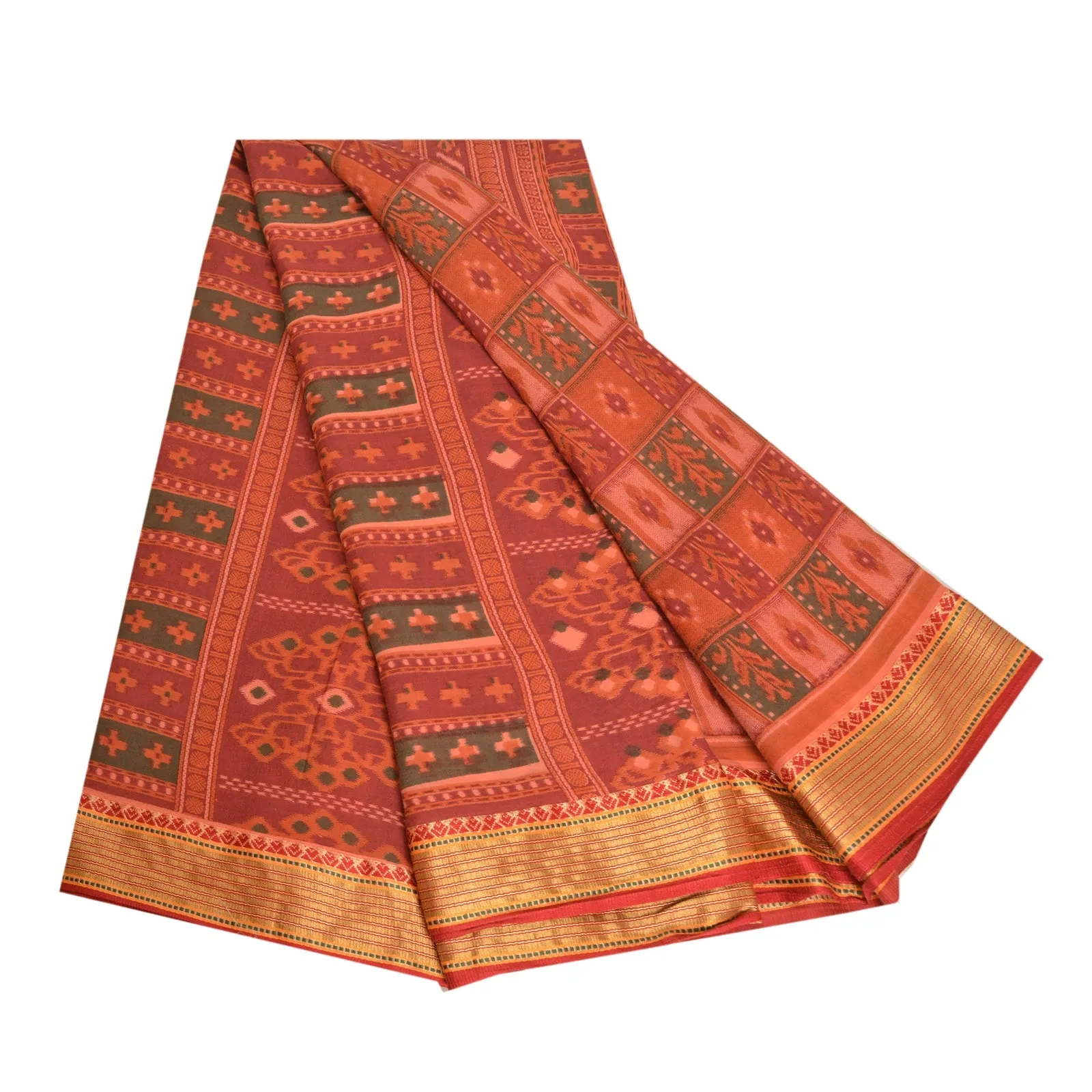 Sanskriti Vintage Sarees Indian Dusty Red Ikat Printed Pure Cotton Sari Fabric