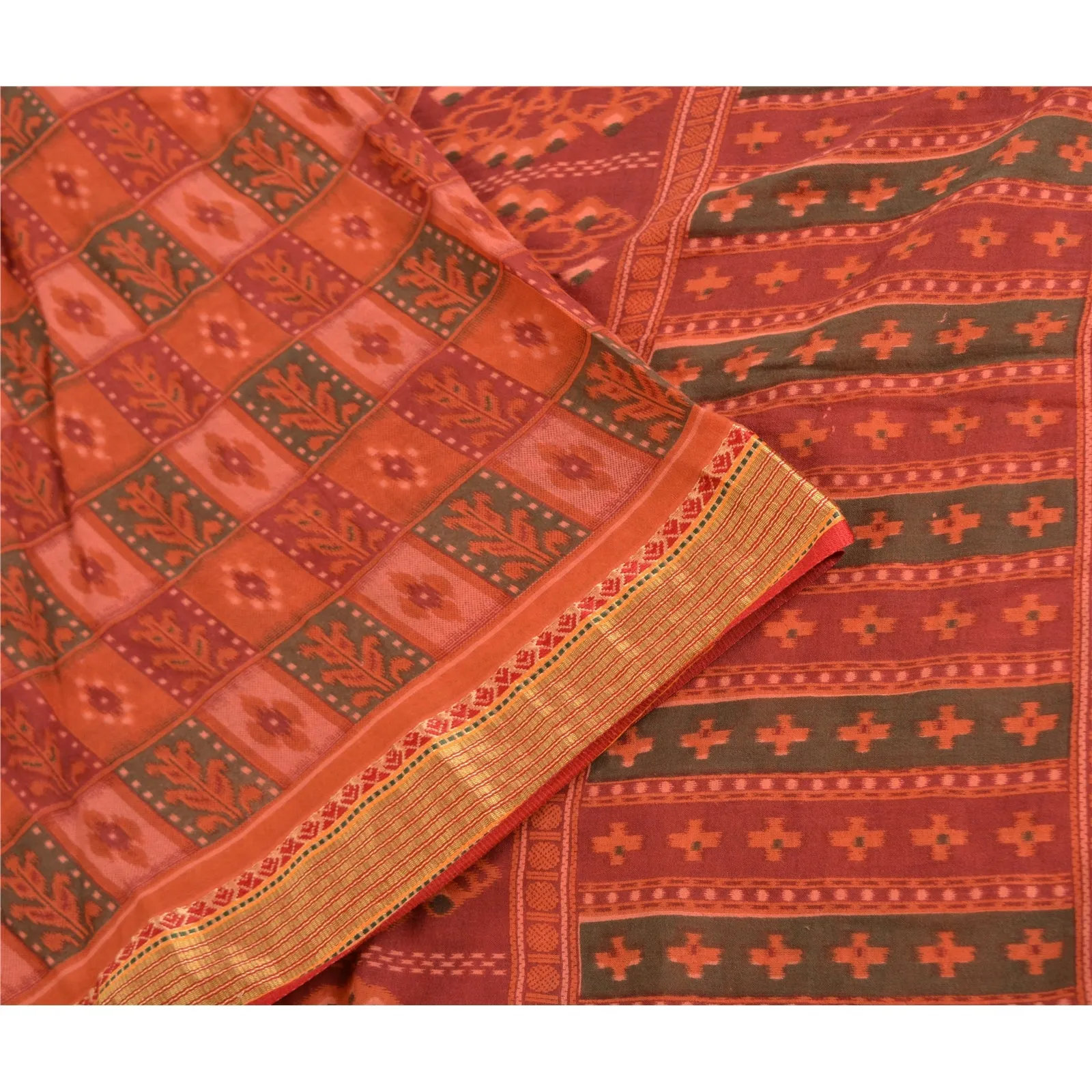 Sanskriti Vintage Sarees Indian Dusty Red Ikat Printed Pure Cotton Sari Fabric