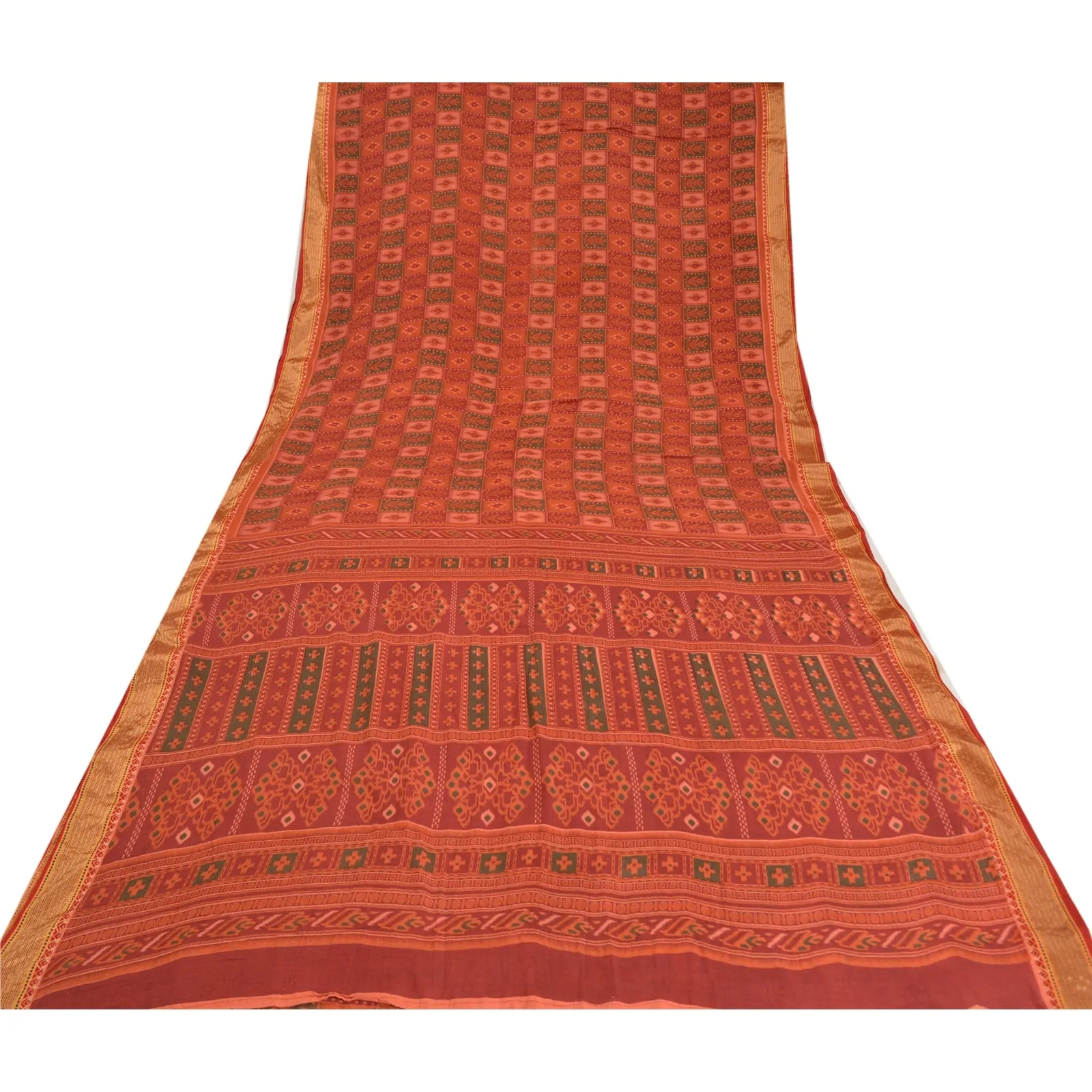 Sanskriti Vintage Sarees Indian Dusty Red Ikat Printed Pure Cotton Sari Fabric