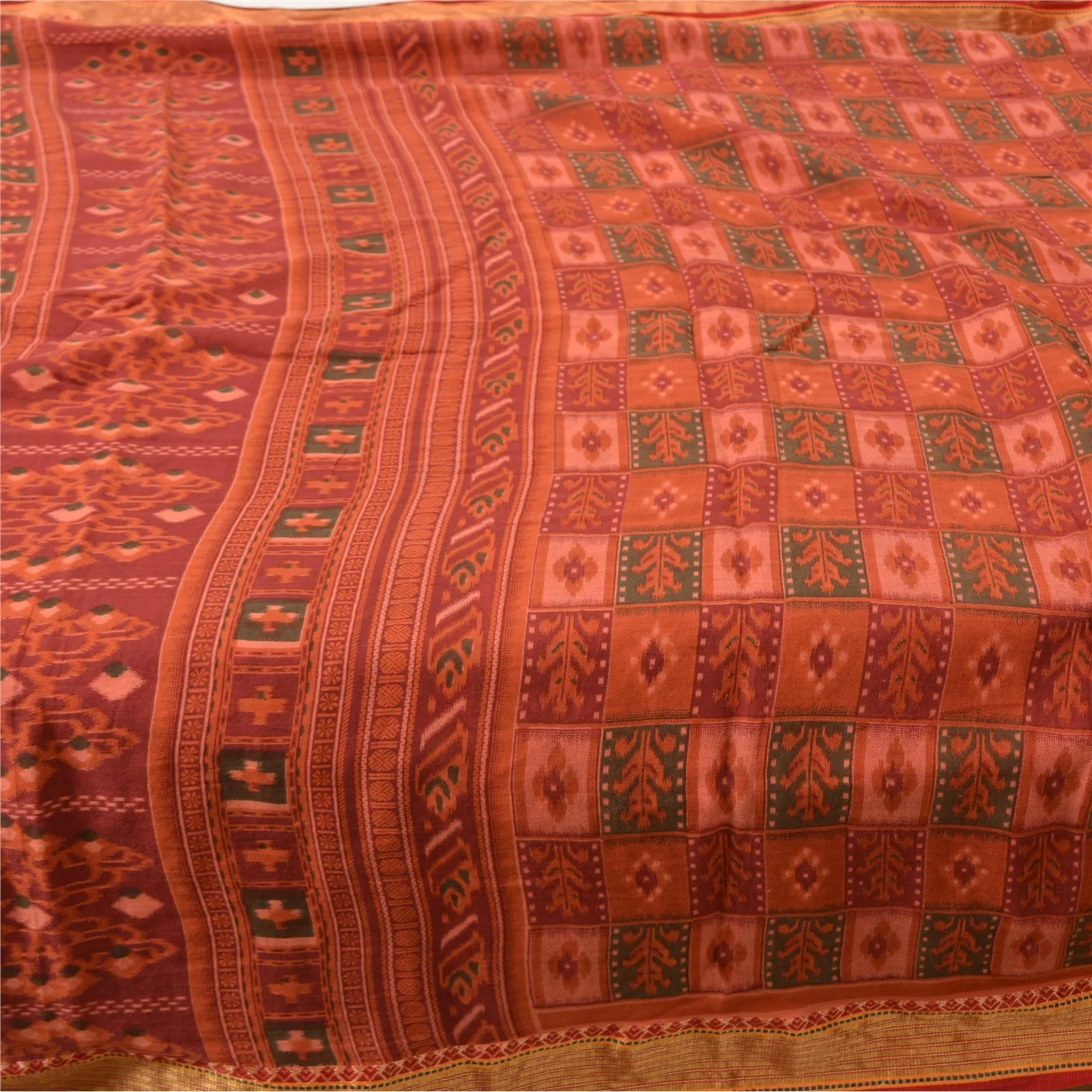 Sanskriti Vintage Sarees Indian Dusty Red Ikat Printed Pure Cotton Sari Fabric