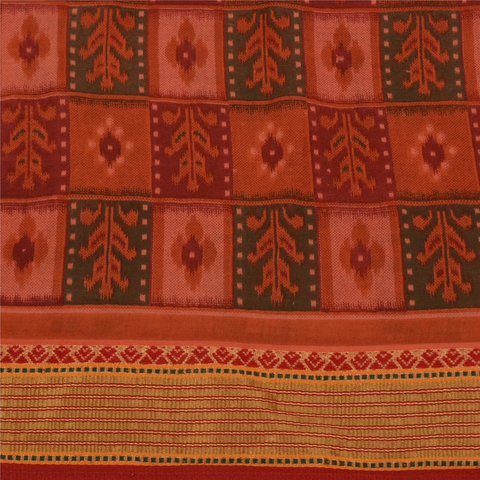 Sanskriti Vintage Sarees Indian Dusty Red Ikat Printed Pure Cotton Sari Fabric