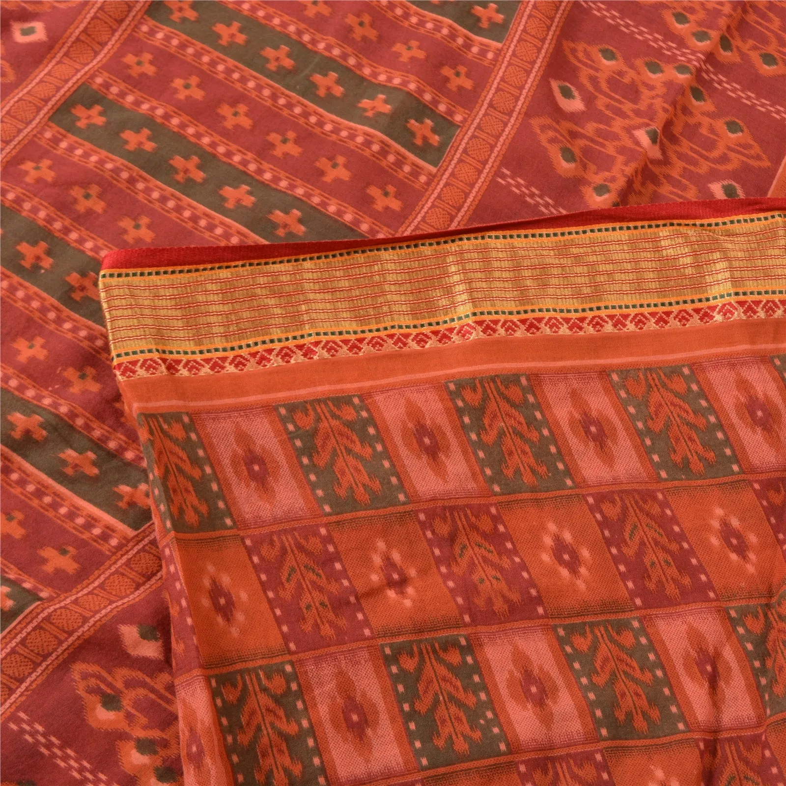 Sanskriti Vintage Sarees Indian Dusty Red Ikat Printed Pure Cotton Sari Fabric