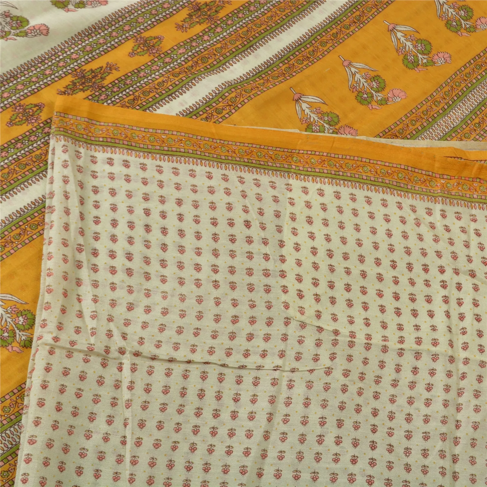 Sanskriti Vintage Sarees Indian Ivory Pure Cotton Printed Sari Soft Craft Fabric