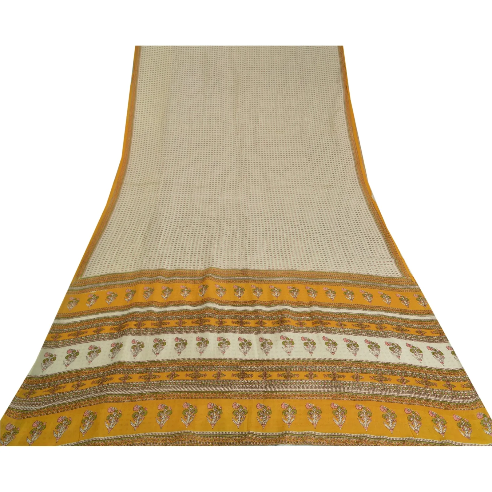 Sanskriti Vintage Sarees Indian Ivory Pure Cotton Printed Sari Soft Craft Fabric