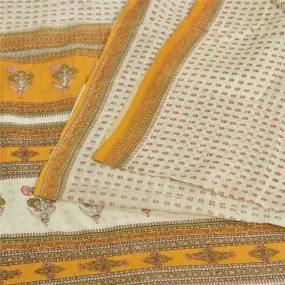 Sanskriti Vintage Sarees Indian Ivory Pure Cotton Printed Sari Soft Craft Fabric