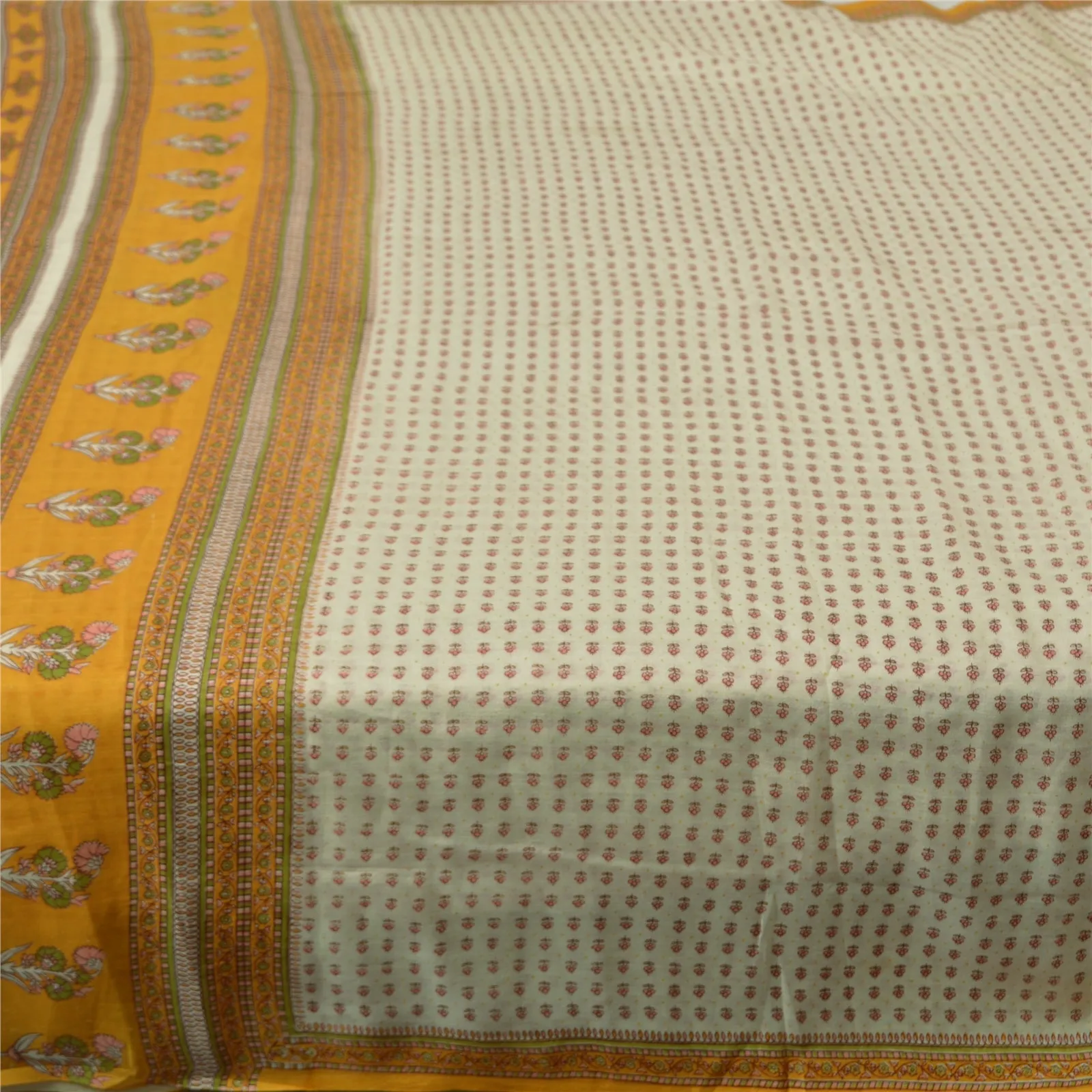 Sanskriti Vintage Sarees Indian Ivory Pure Cotton Printed Sari Soft Craft Fabric