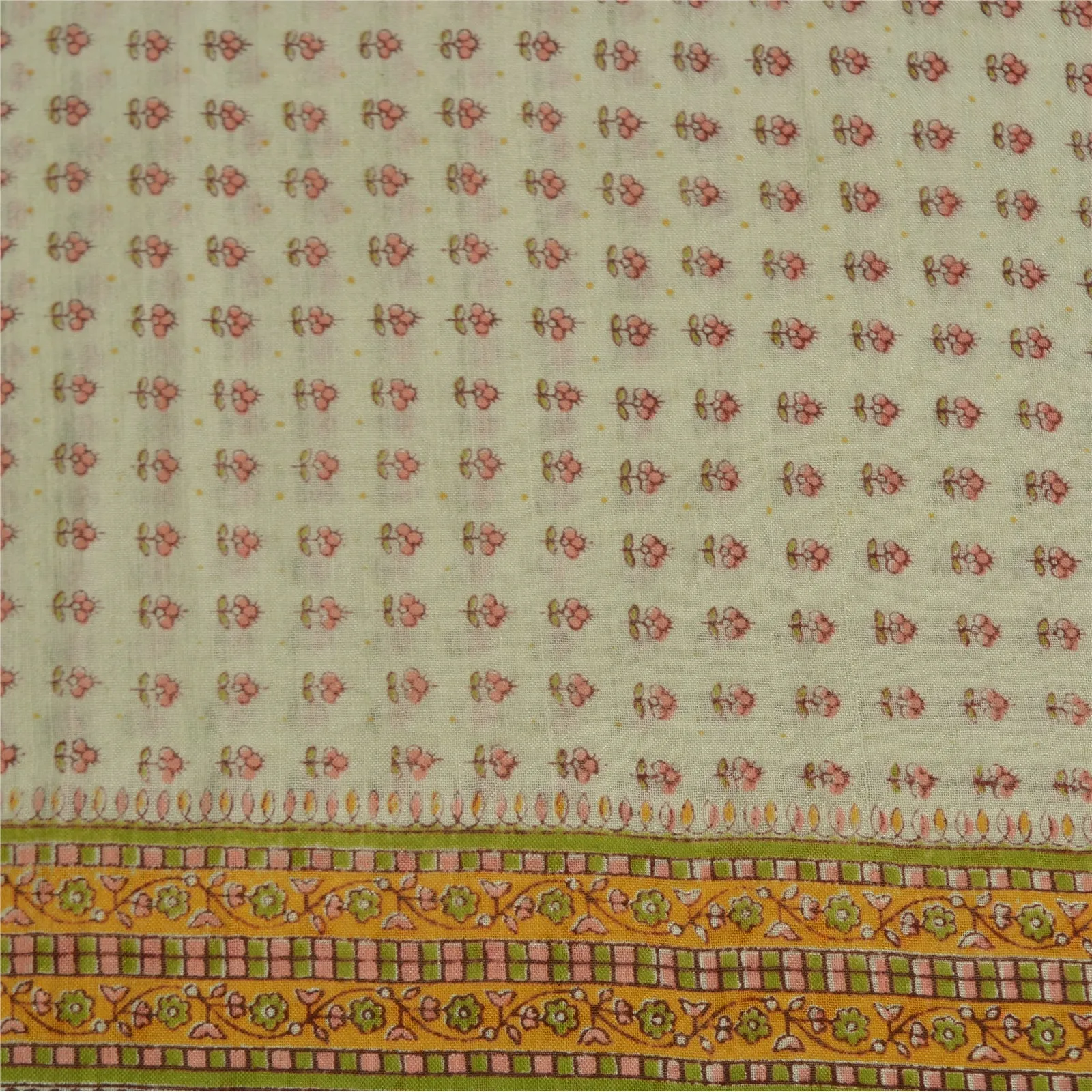 Sanskriti Vintage Sarees Indian Ivory Pure Cotton Printed Sari Soft Craft Fabric