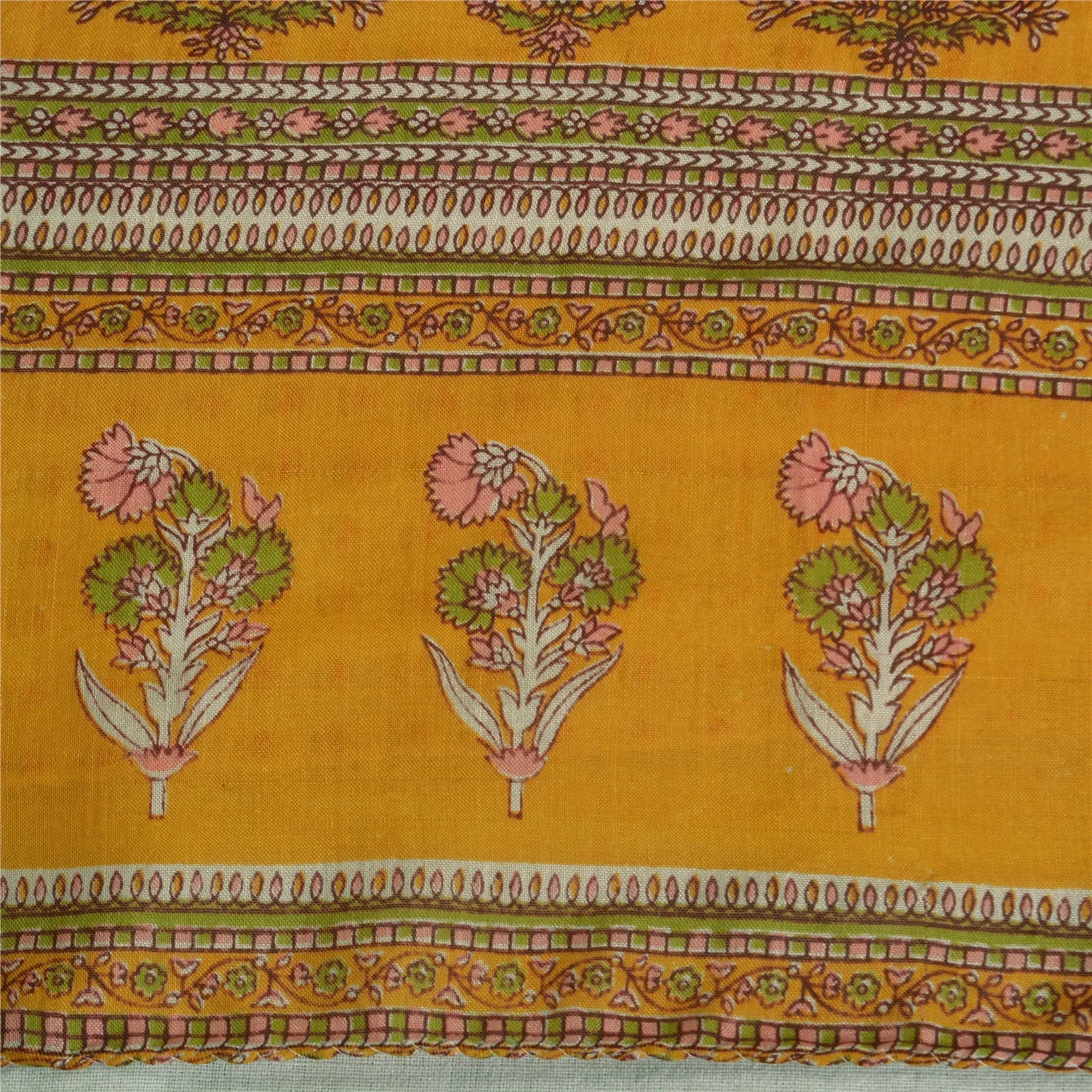 Sanskriti Vintage Sarees Indian Ivory Pure Cotton Printed Sari Soft Craft Fabric