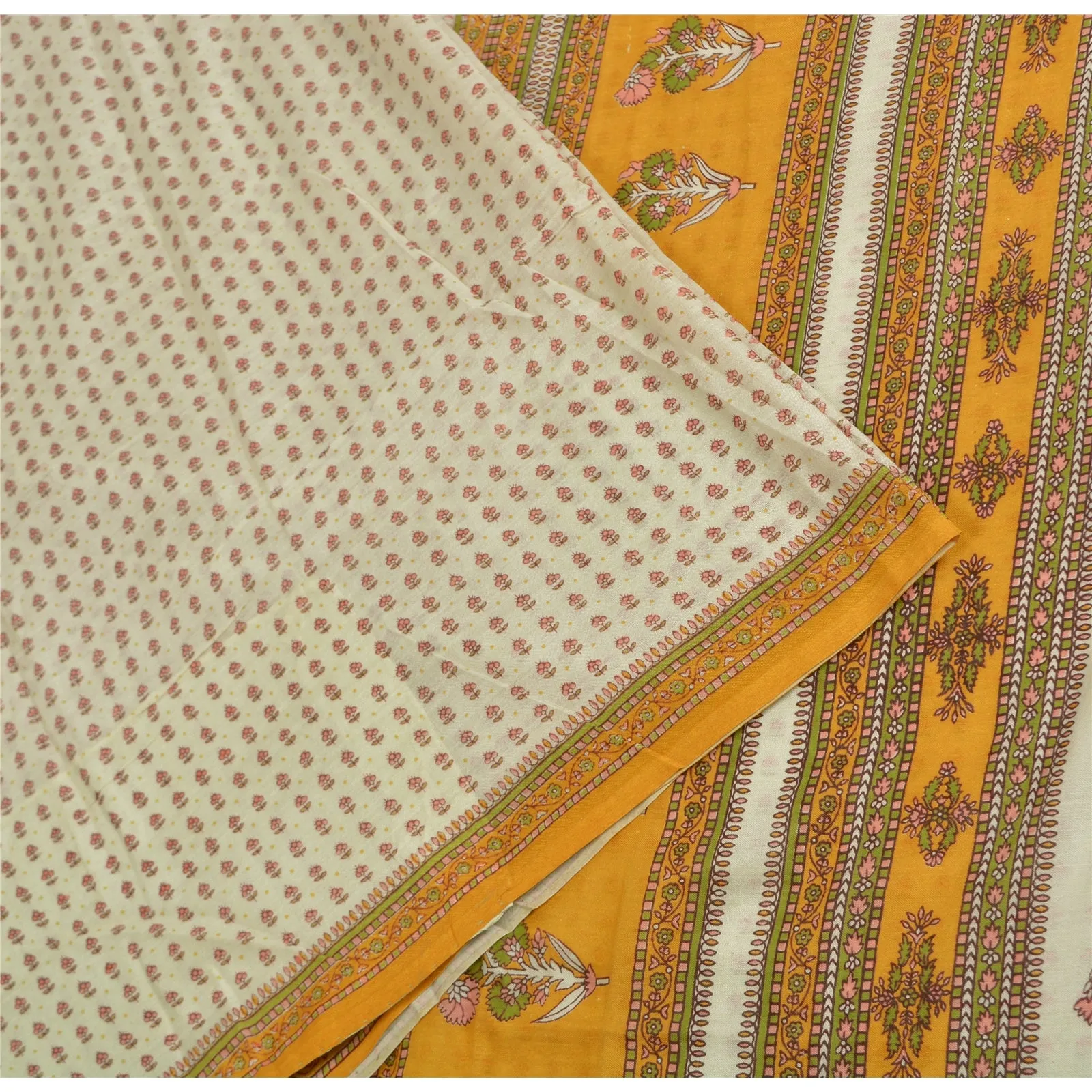 Sanskriti Vintage Sarees Indian Ivory Pure Cotton Printed Sari Soft Craft Fabric