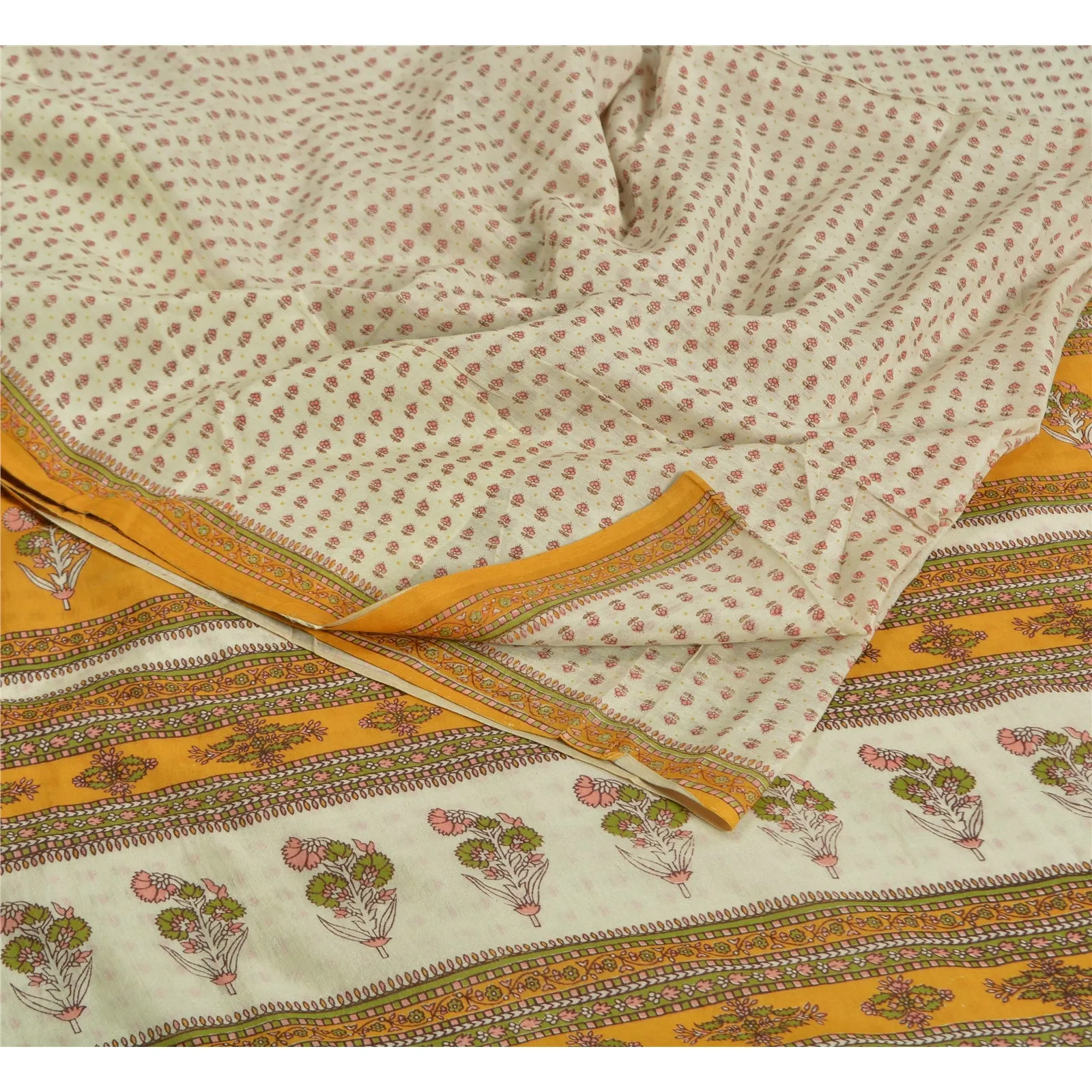 Sanskriti Vintage Sarees Indian Ivory Pure Cotton Printed Sari Soft Craft Fabric