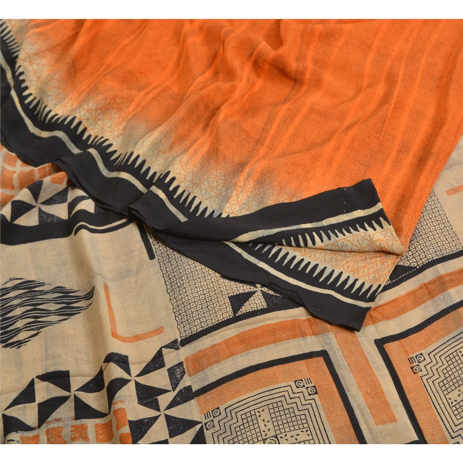 Sanskriti Vintage Sarees Indian Orange Pure Crepe Silk Printed Sari Craft Fabric