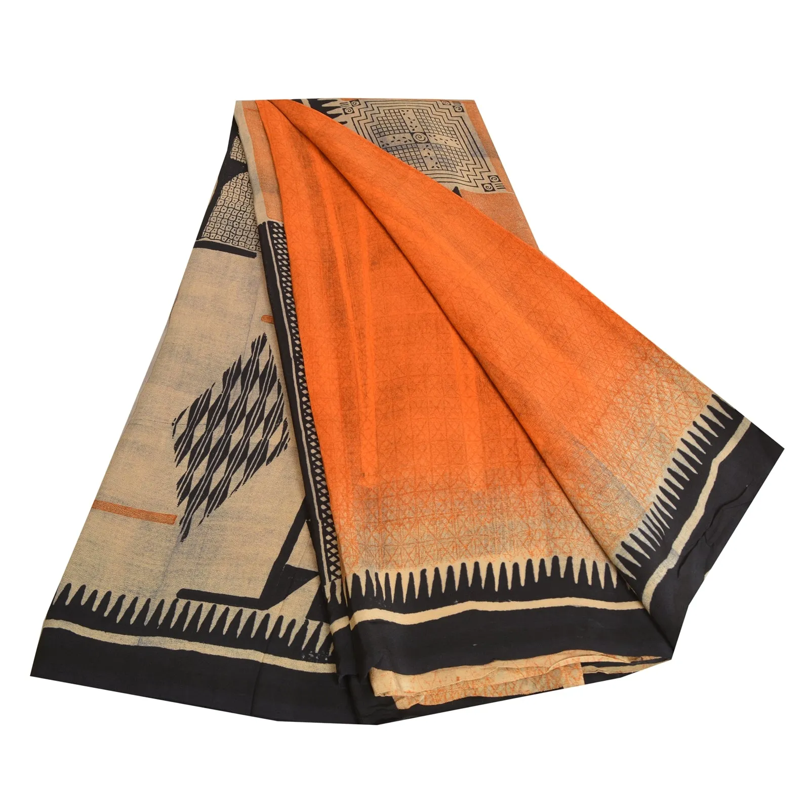 Sanskriti Vintage Sarees Indian Orange Pure Crepe Silk Printed Sari Craft Fabric