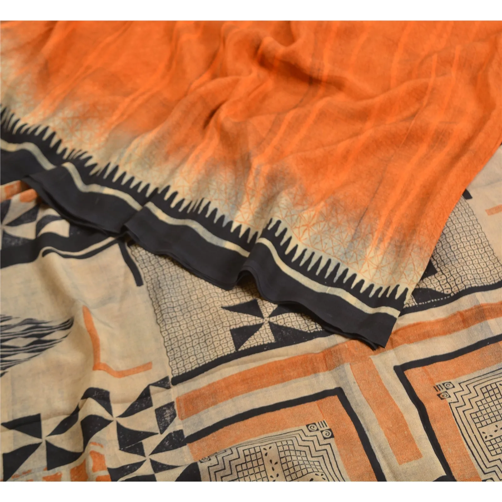 Sanskriti Vintage Sarees Indian Orange Pure Crepe Silk Printed Sari Craft Fabric