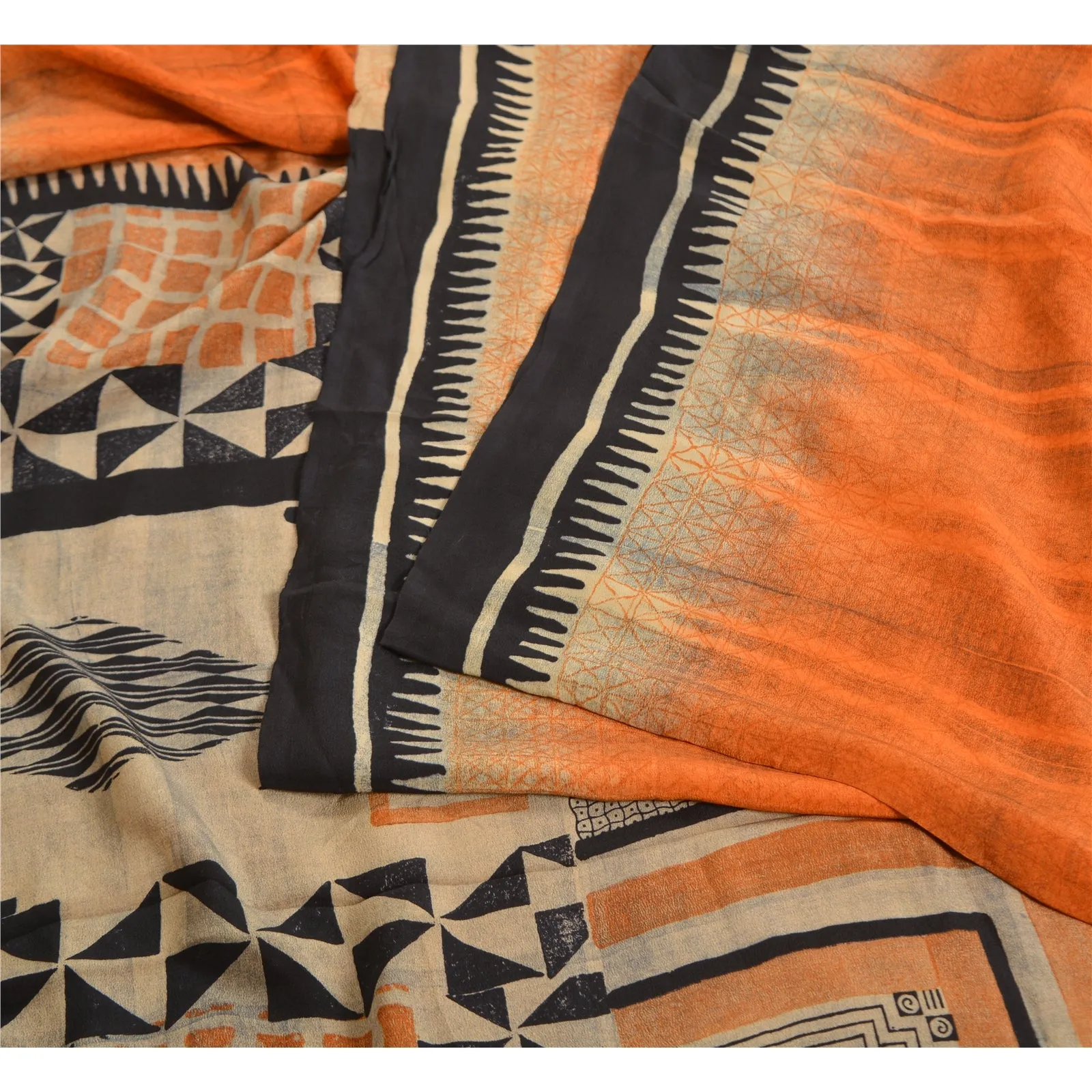 Sanskriti Vintage Sarees Indian Orange Pure Crepe Silk Printed Sari Craft Fabric