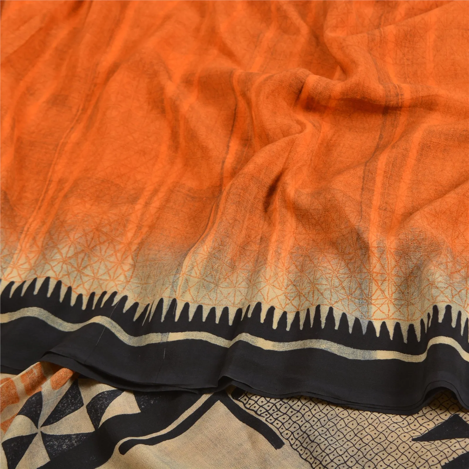 Sanskriti Vintage Sarees Indian Orange Pure Crepe Silk Printed Sari Craft Fabric