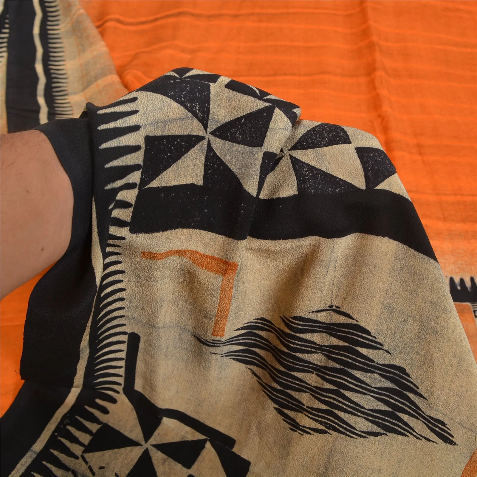 Sanskriti Vintage Sarees Indian Orange Pure Crepe Silk Printed Sari Craft Fabric