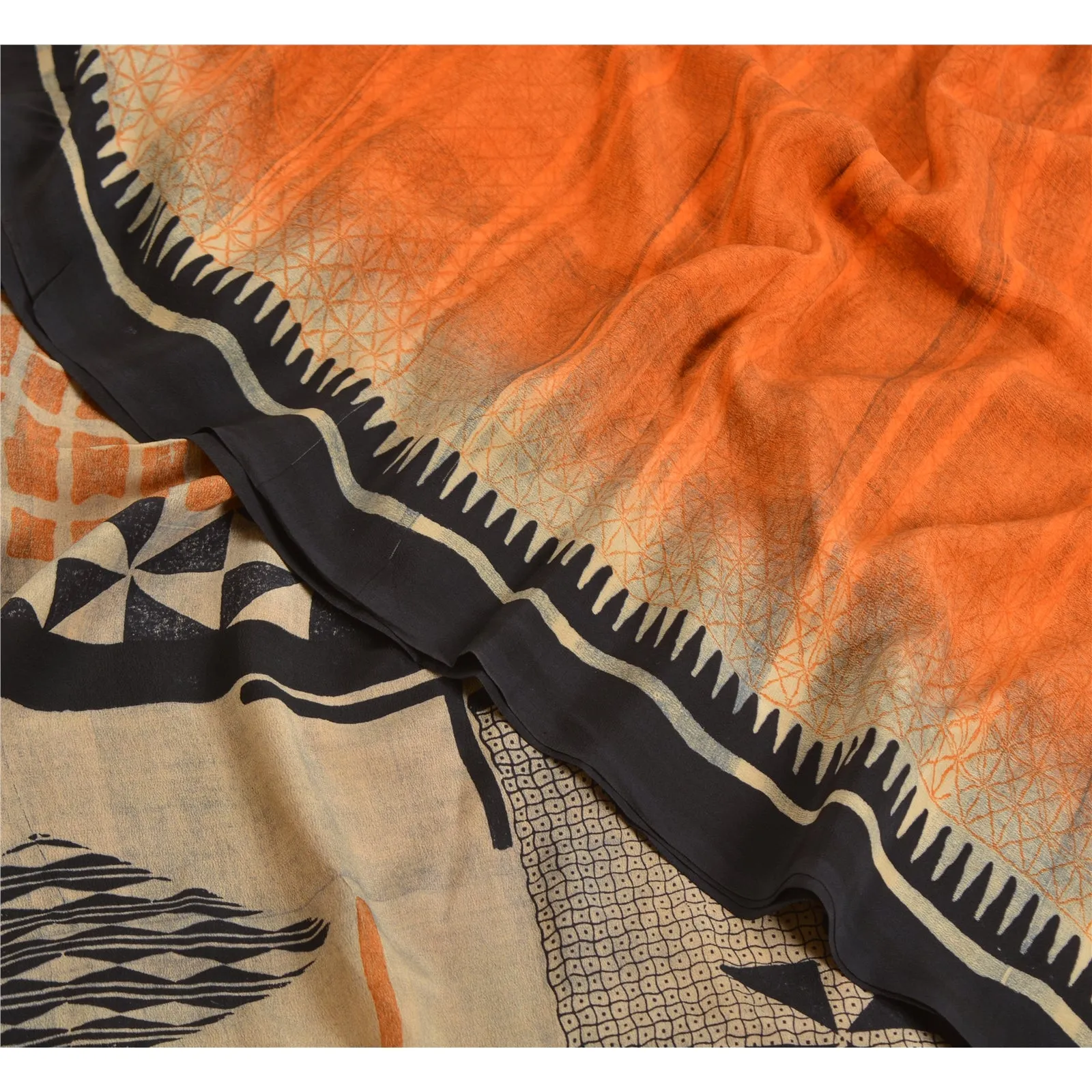 Sanskriti Vintage Sarees Indian Orange Pure Crepe Silk Printed Sari Craft Fabric