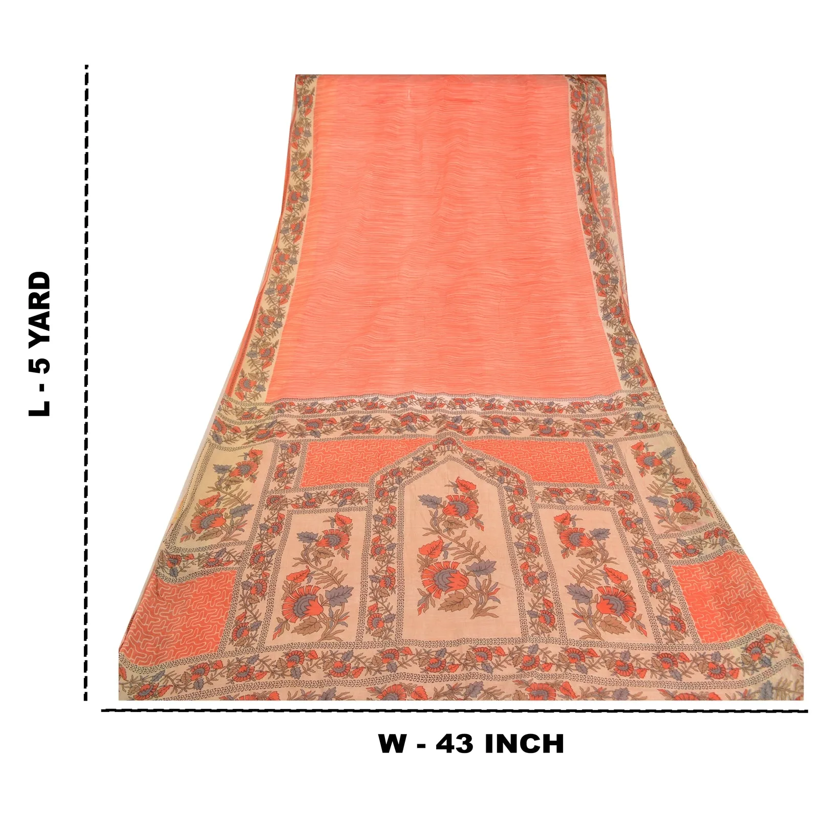 Sanskriti Vintage Sarees Indian Peach Pure Cotton Printed Sari 5yd Craft Fabric