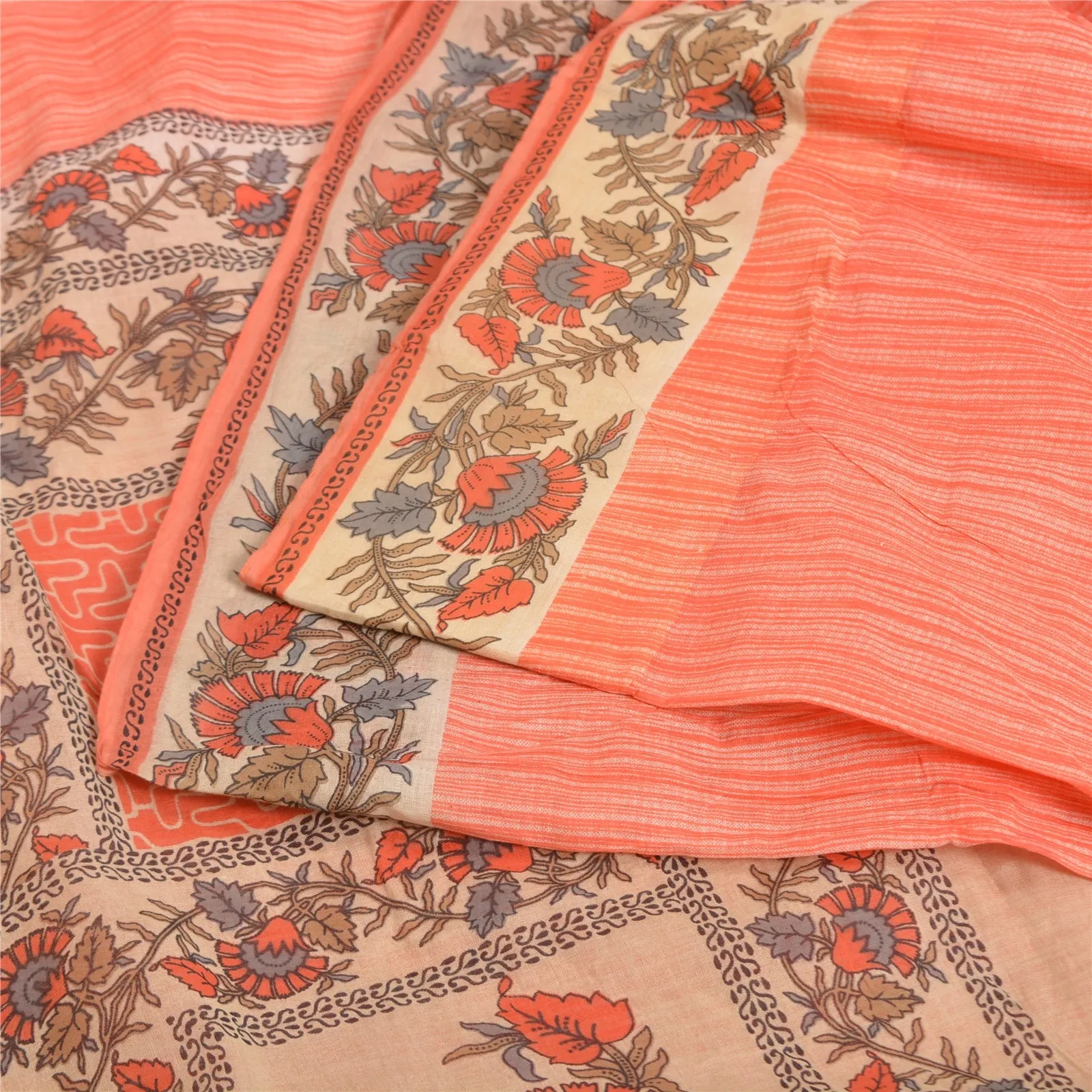 Sanskriti Vintage Sarees Indian Peach Pure Cotton Printed Sari 5yd Craft Fabric