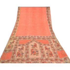 Sanskriti Vintage Sarees Indian Peach Pure Cotton Printed Sari 5yd Craft Fabric