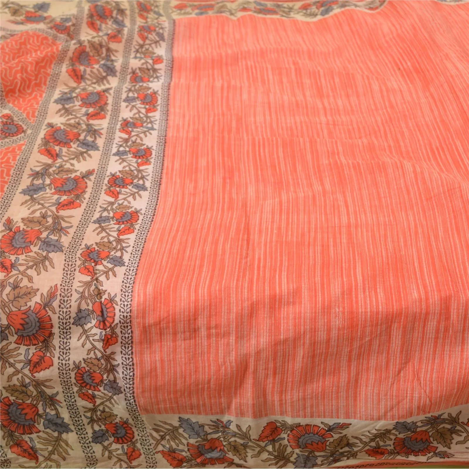 Sanskriti Vintage Sarees Indian Peach Pure Cotton Printed Sari 5yd Craft Fabric