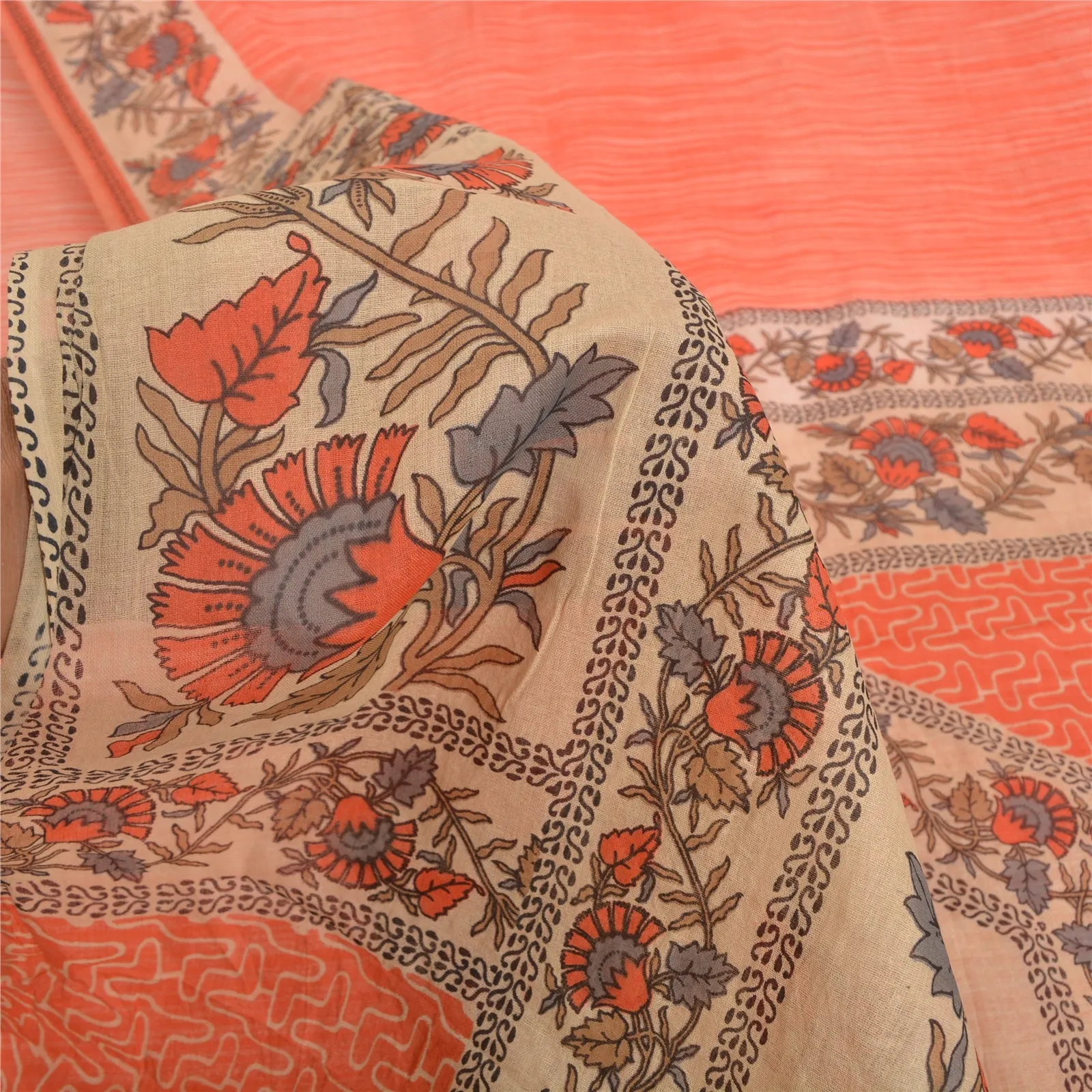 Sanskriti Vintage Sarees Indian Peach Pure Cotton Printed Sari 5yd Craft Fabric