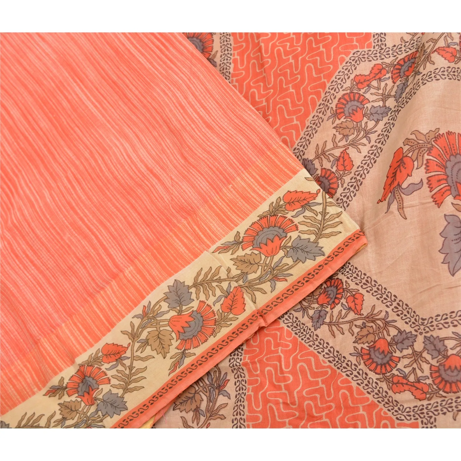 Sanskriti Vintage Sarees Indian Peach Pure Cotton Printed Sari 5yd Craft Fabric