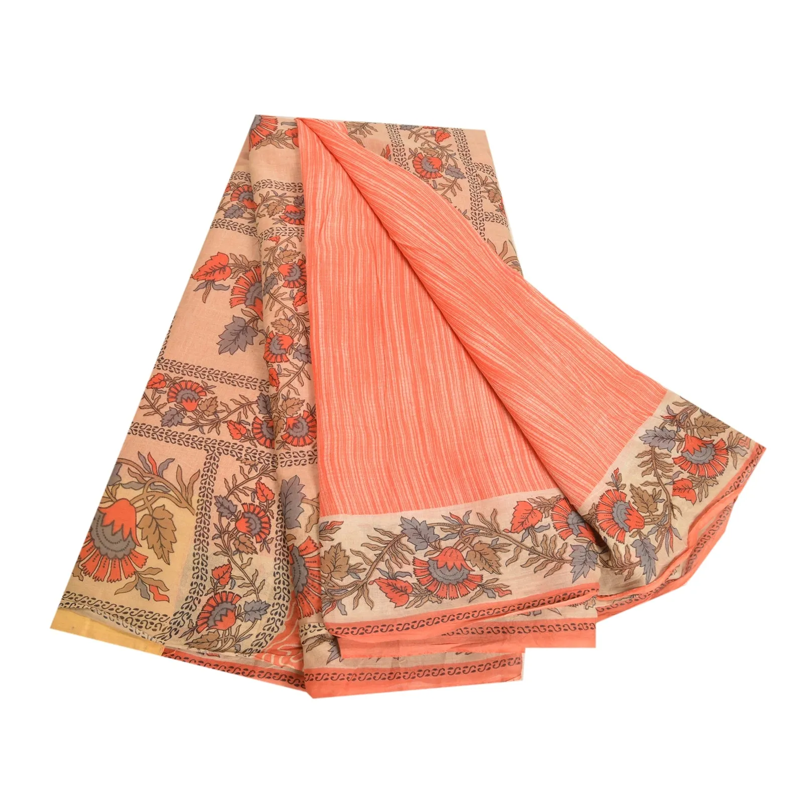 Sanskriti Vintage Sarees Indian Peach Pure Cotton Printed Sari 5yd Craft Fabric