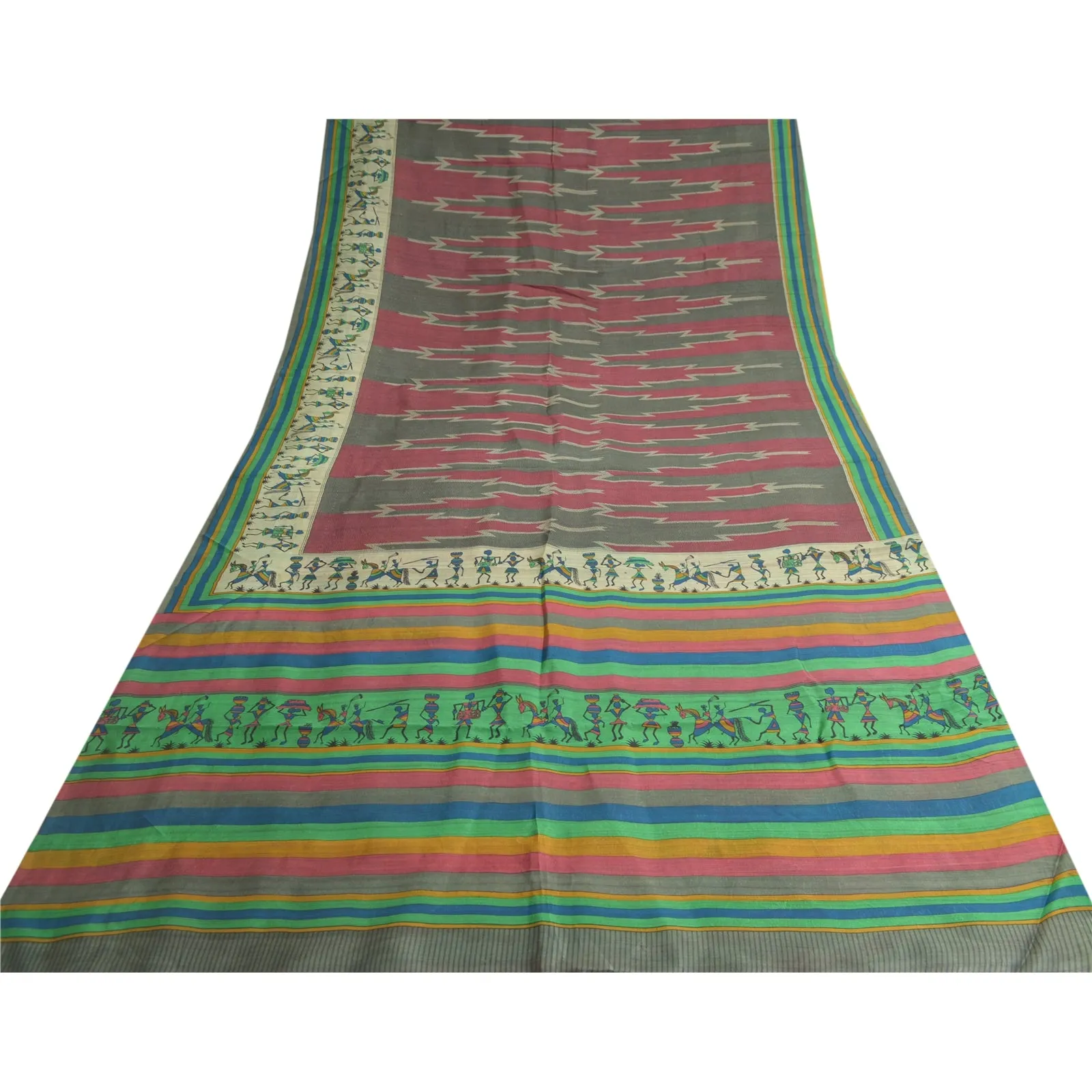 Sanskriti Vintage Sarees Multi Pure Silk Warli Art Printed Sari 5yd Craft Fabric