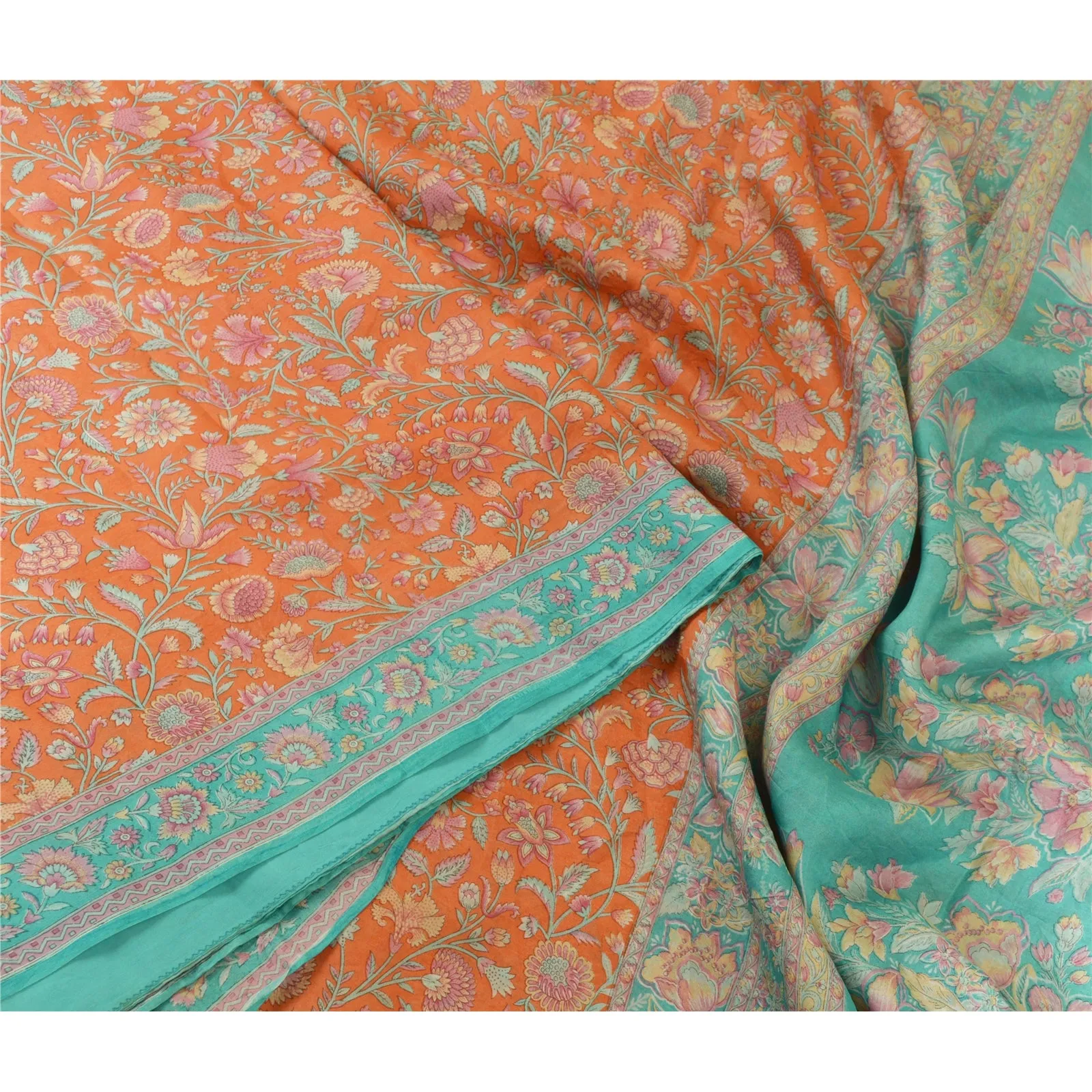 Sanskriti Vintage Sarees Peach/Blue Pure Silk Printed Sari 5yd Soft Craft Fabric