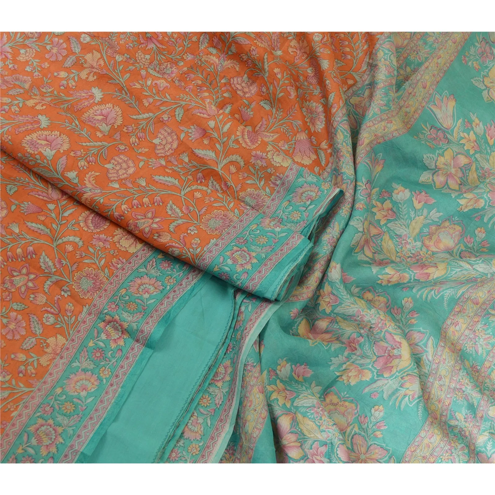 Sanskriti Vintage Sarees Peach/Blue Pure Silk Printed Sari 5yd Soft Craft Fabric