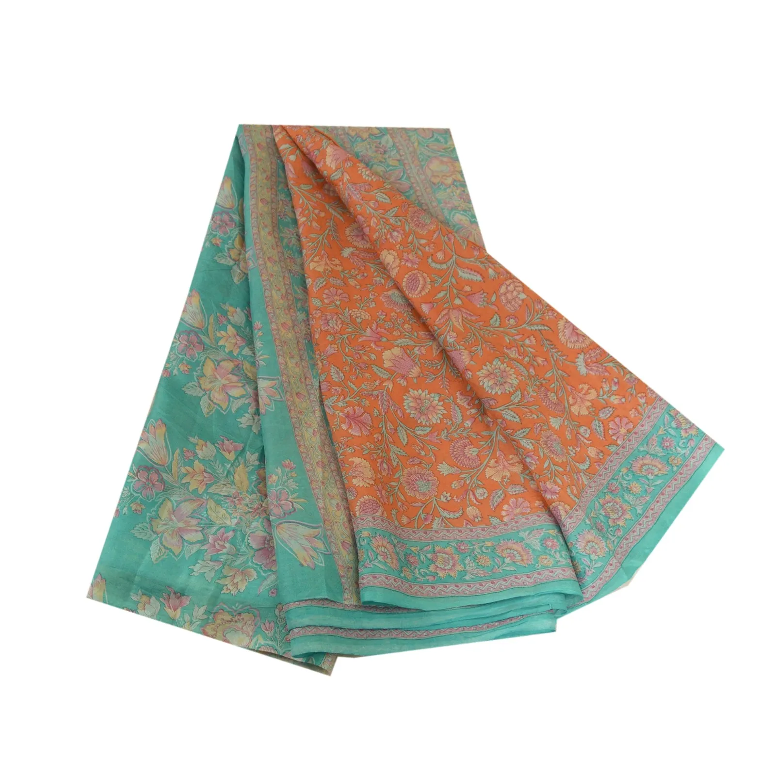 Sanskriti Vintage Sarees Peach/Blue Pure Silk Printed Sari 5yd Soft Craft Fabric