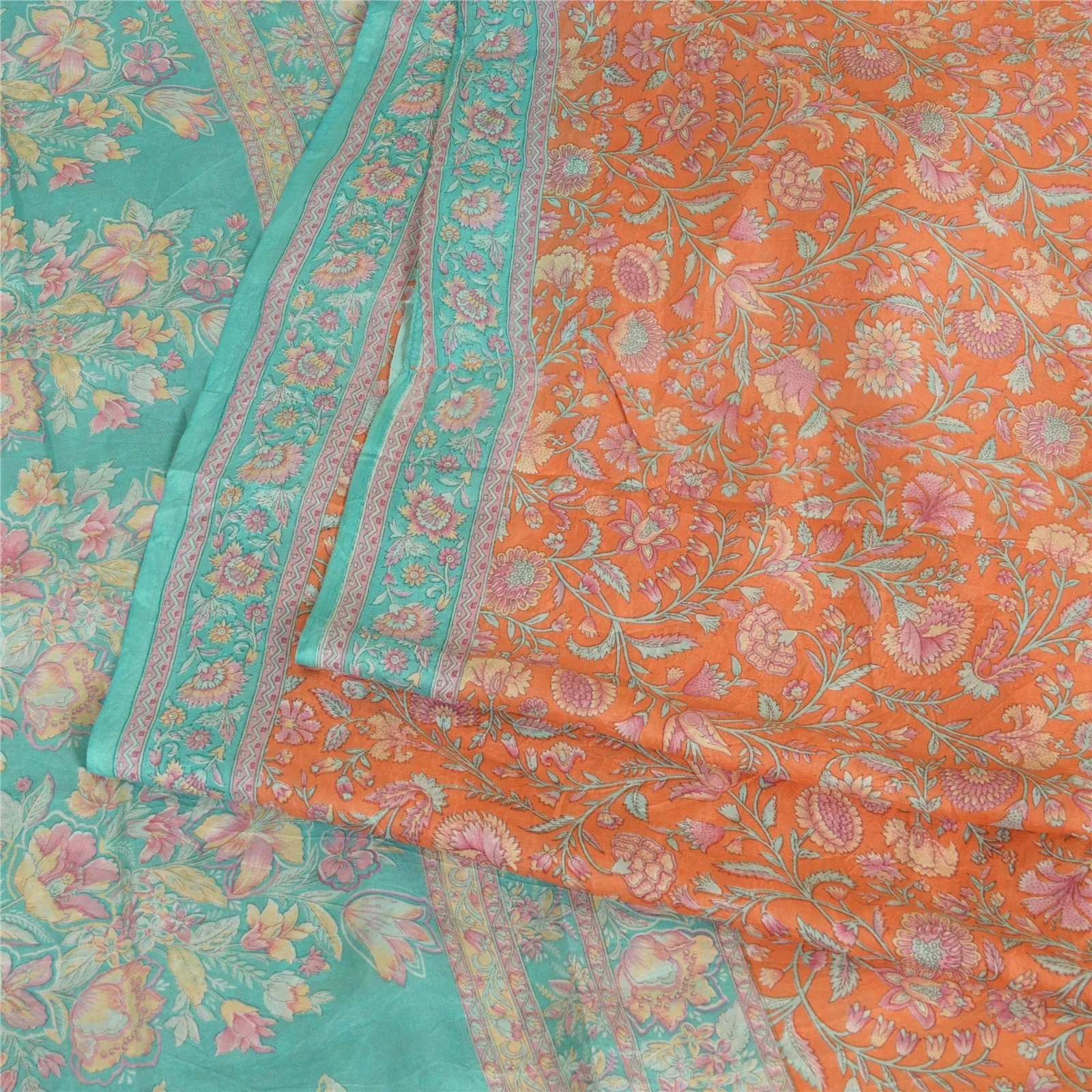 Sanskriti Vintage Sarees Peach/Blue Pure Silk Printed Sari 5yd Soft Craft Fabric