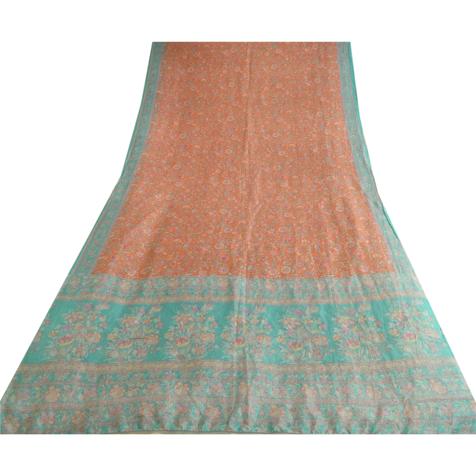 Sanskriti Vintage Sarees Peach/Blue Pure Silk Printed Sari 5yd Soft Craft Fabric