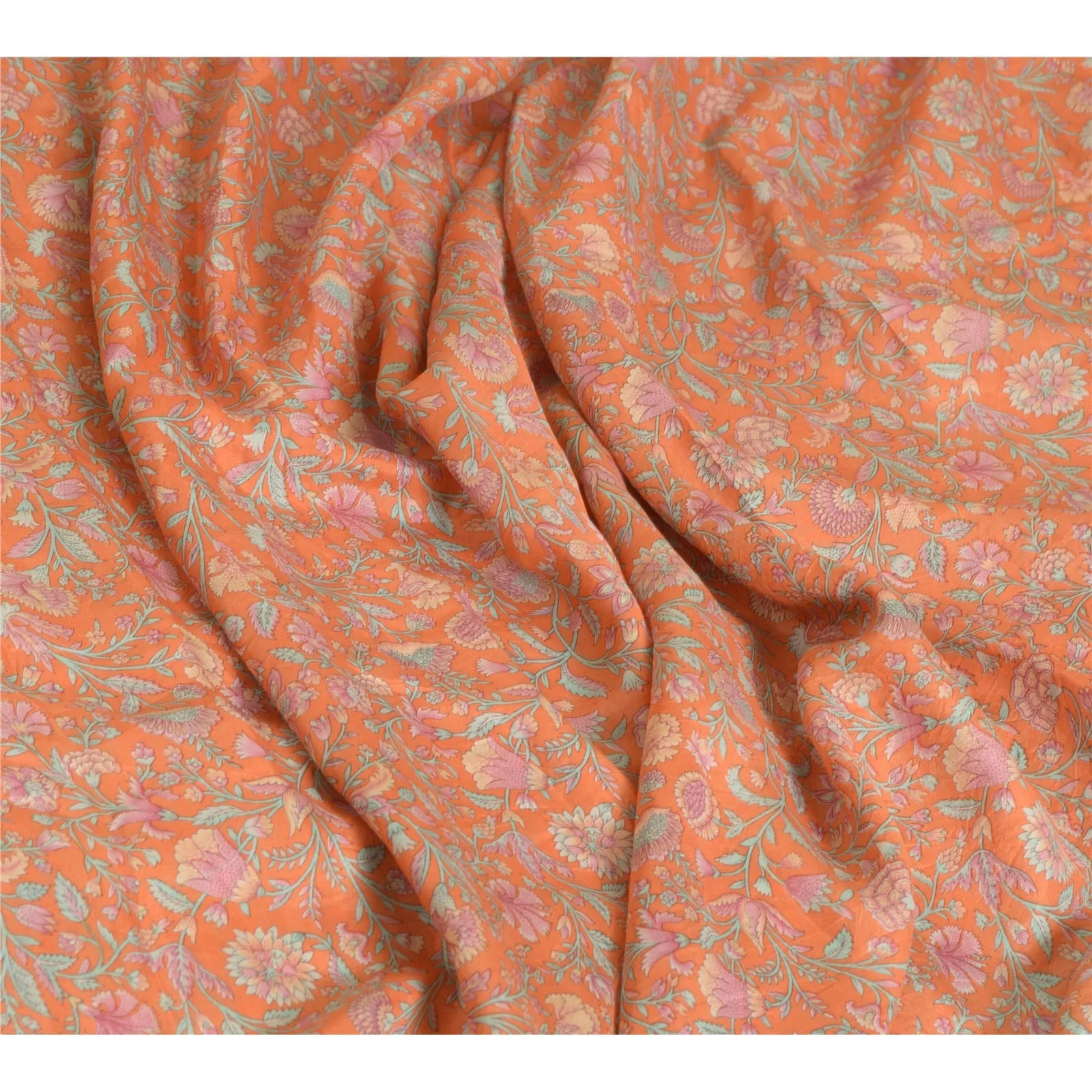 Sanskriti Vintage Sarees Peach/Blue Pure Silk Printed Sari 5yd Soft Craft Fabric