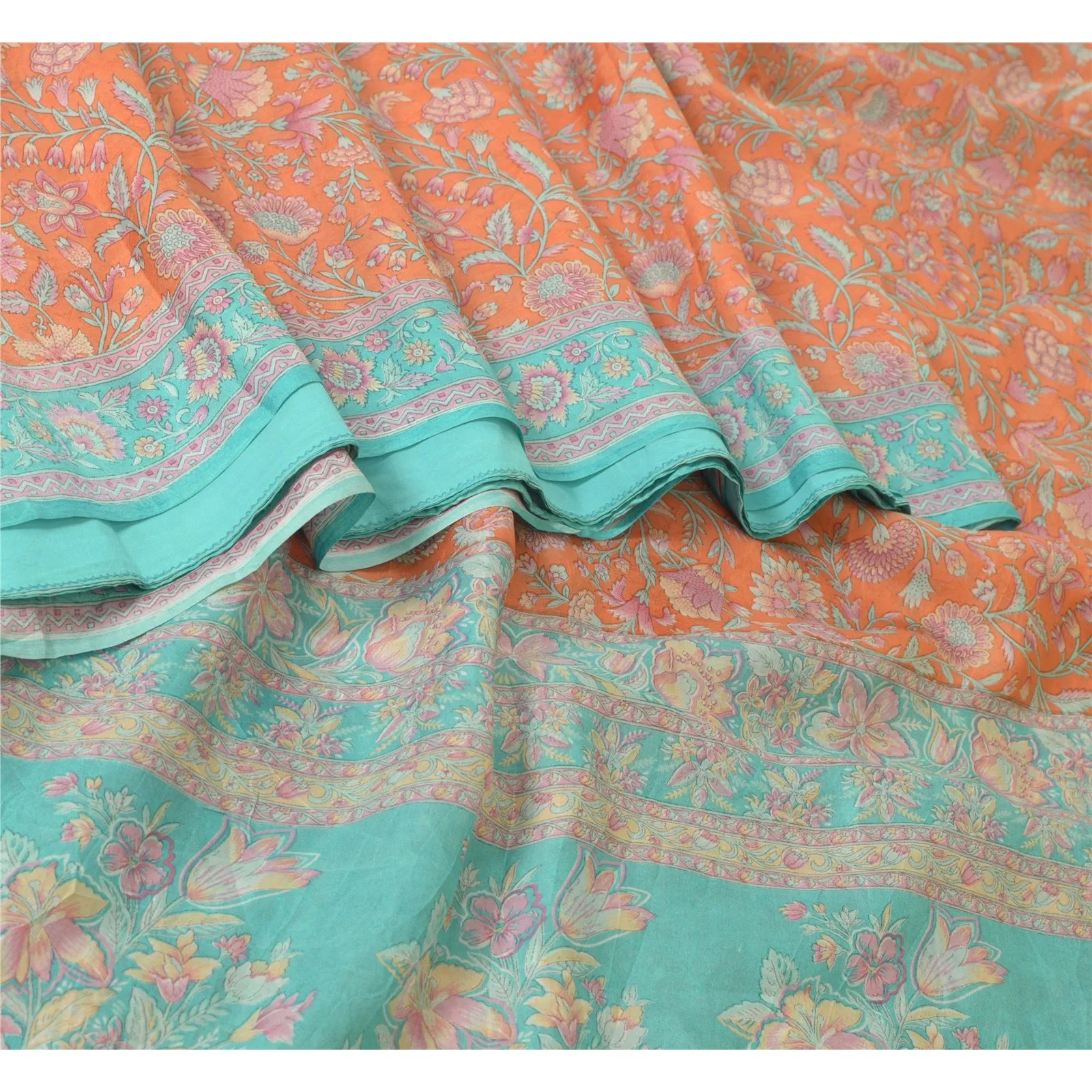 Sanskriti Vintage Sarees Peach/Blue Pure Silk Printed Sari 5yd Soft Craft Fabric