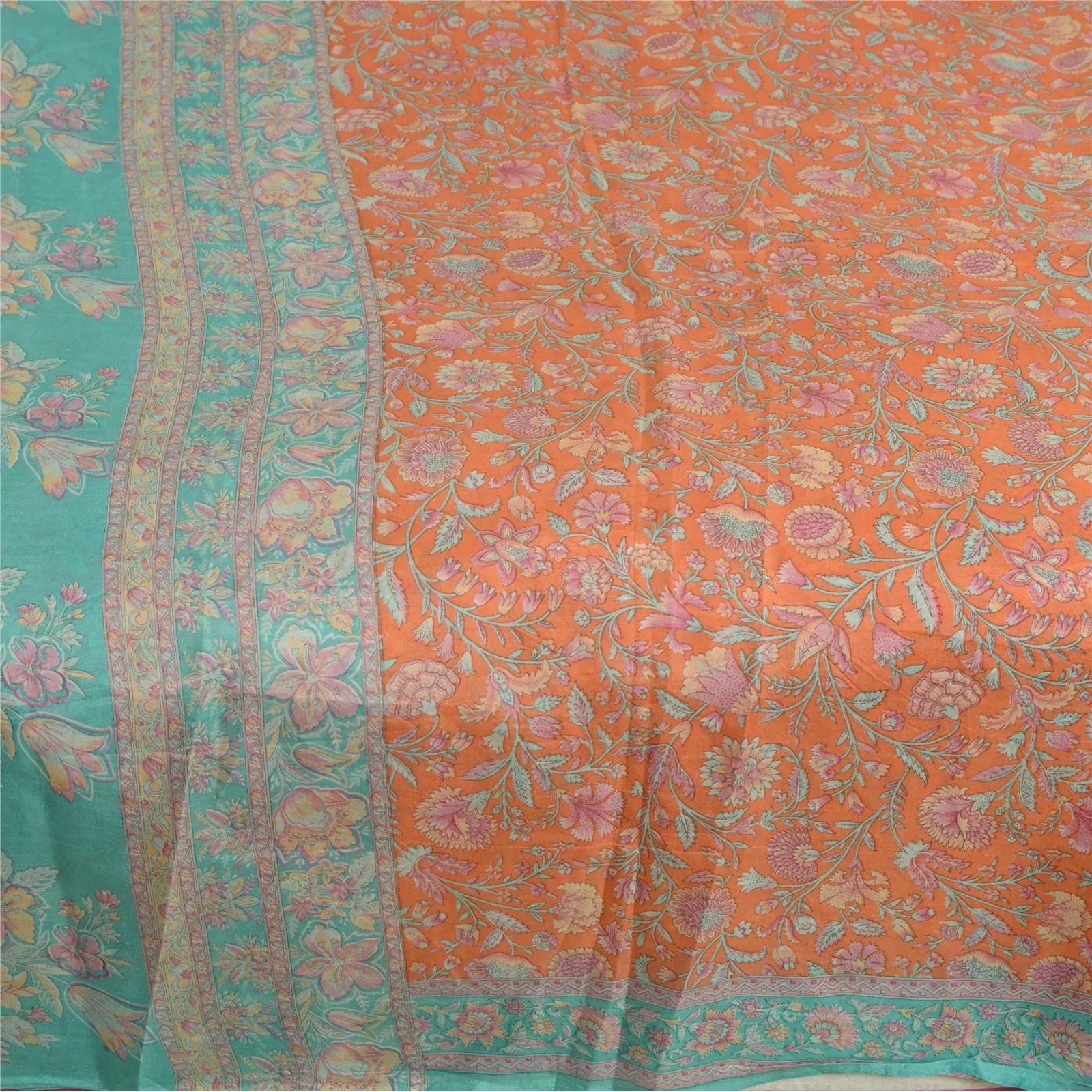 Sanskriti Vintage Sarees Peach/Blue Pure Silk Printed Sari 5yd Soft Craft Fabric