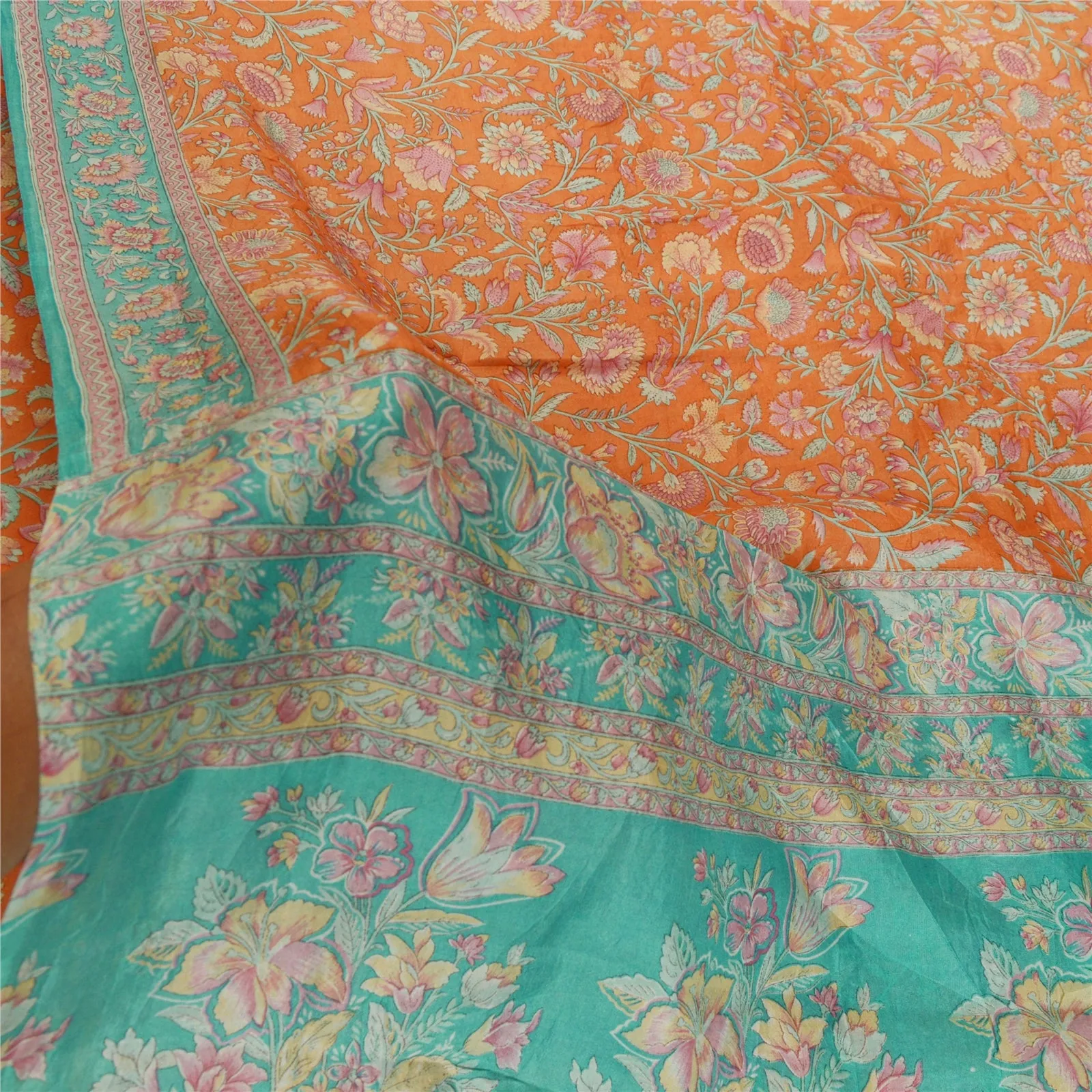 Sanskriti Vintage Sarees Peach/Blue Pure Silk Printed Sari 5yd Soft Craft Fabric