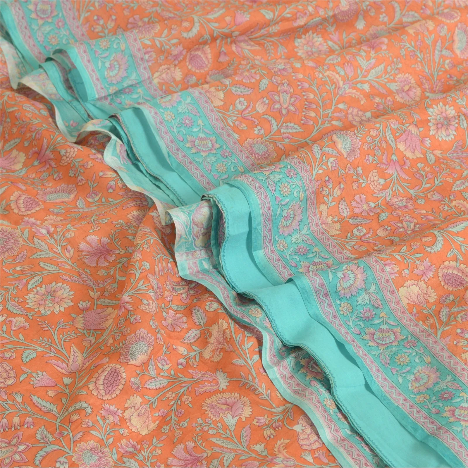 Sanskriti Vintage Sarees Peach/Blue Pure Silk Printed Sari 5yd Soft Craft Fabric