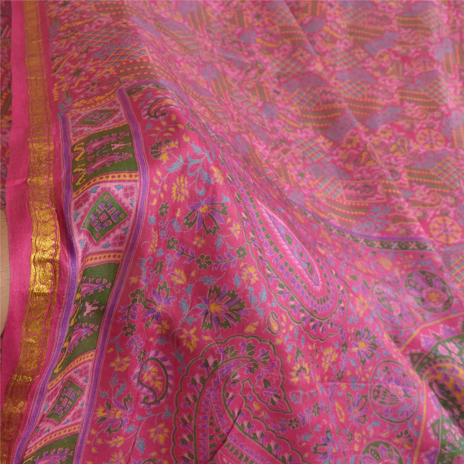 Sanskriti Vintage Sarees Pink Zari Border Pure Silk Printed Sari Craft Fabric