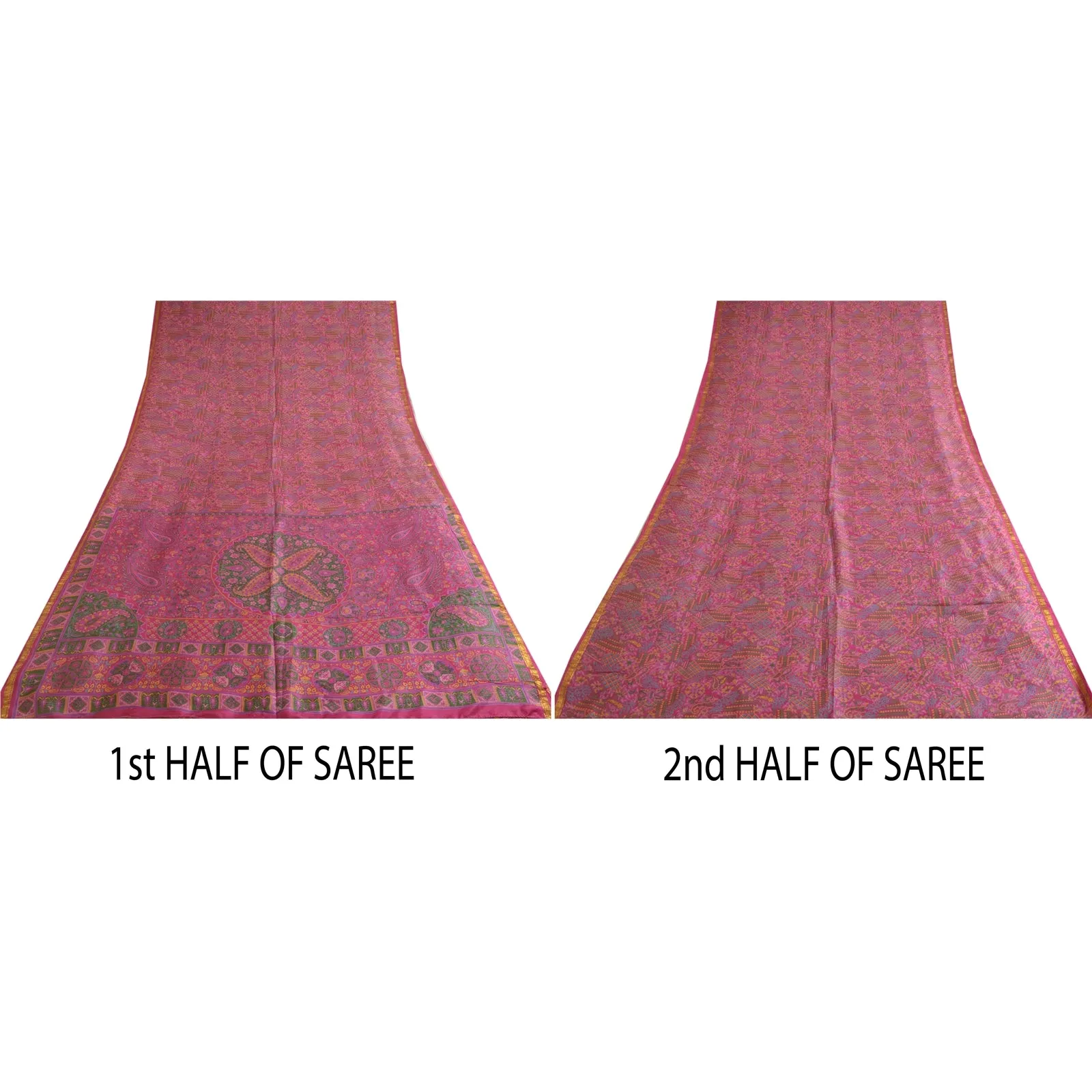 Sanskriti Vintage Sarees Pink Zari Border Pure Silk Printed Sari Craft Fabric