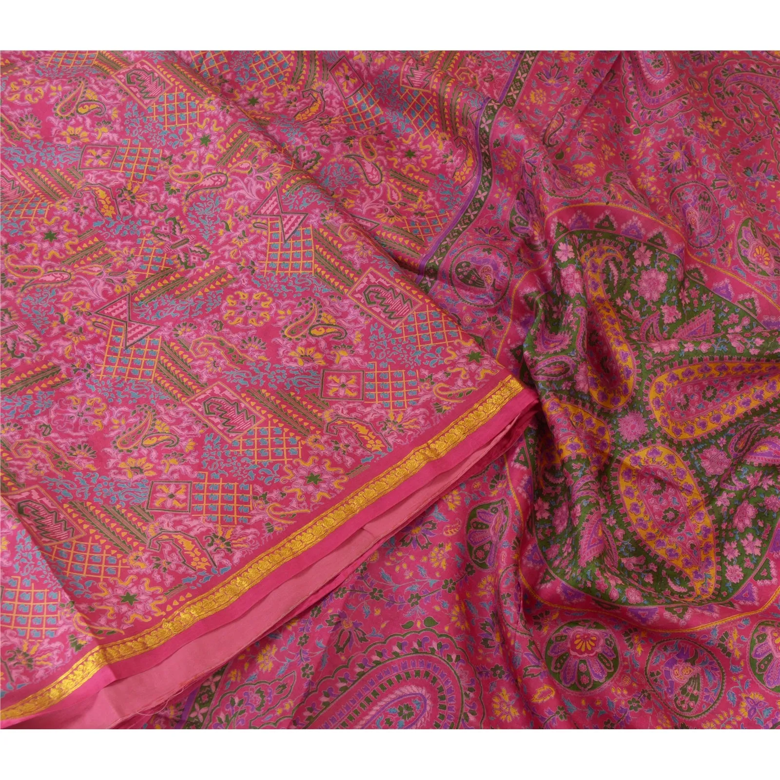 Sanskriti Vintage Sarees Pink Zari Border Pure Silk Printed Sari Craft Fabric