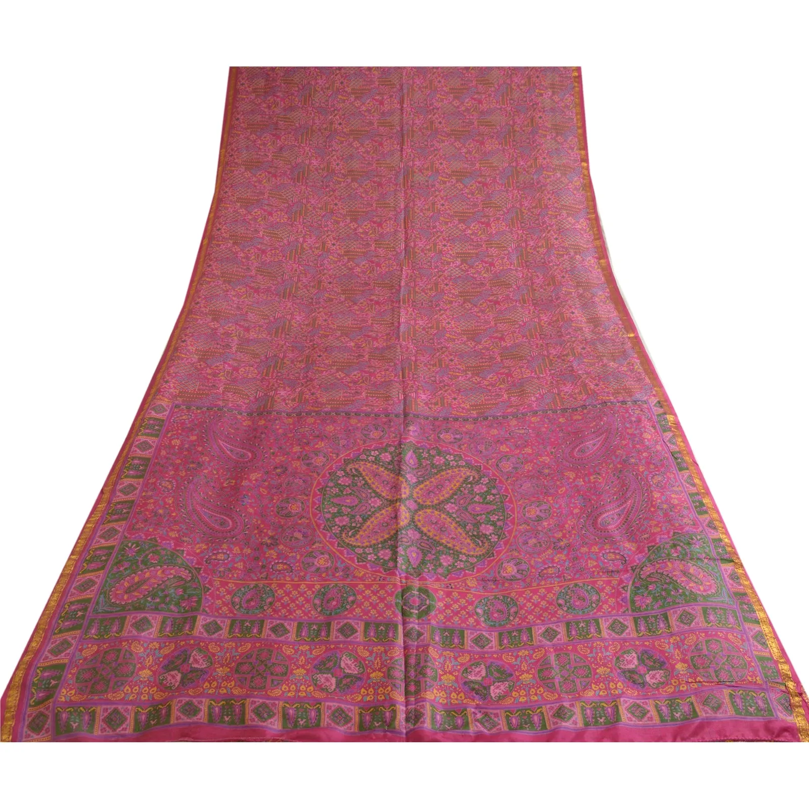 Sanskriti Vintage Sarees Pink Zari Border Pure Silk Printed Sari Craft Fabric